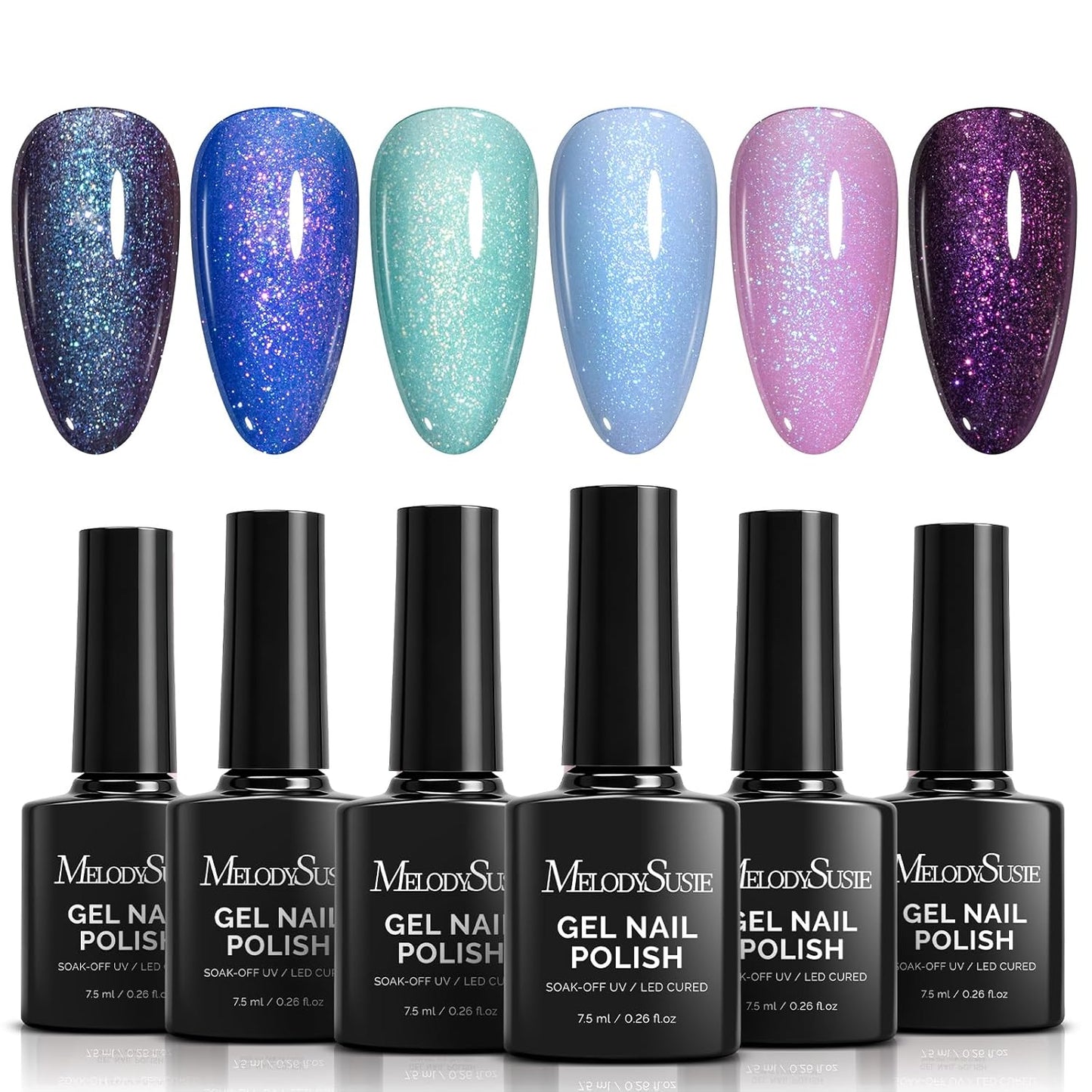 MelodySusie Cat Eye Gel Nail Polish Set - 6 Pcs Glitter Holographic Magnetic Polish | 0.26 Fl Oz Each