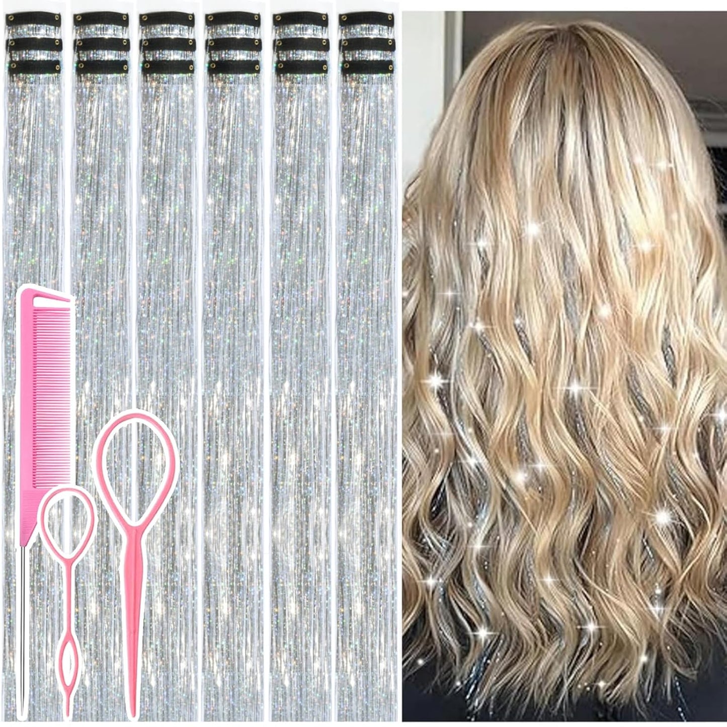 Hair Tinsel Kit - 12 Pcs 24 Inch Gold Glitter Clip-In Hair Extensions for Girls & Women | Perfect for Christmas & New Year Parties