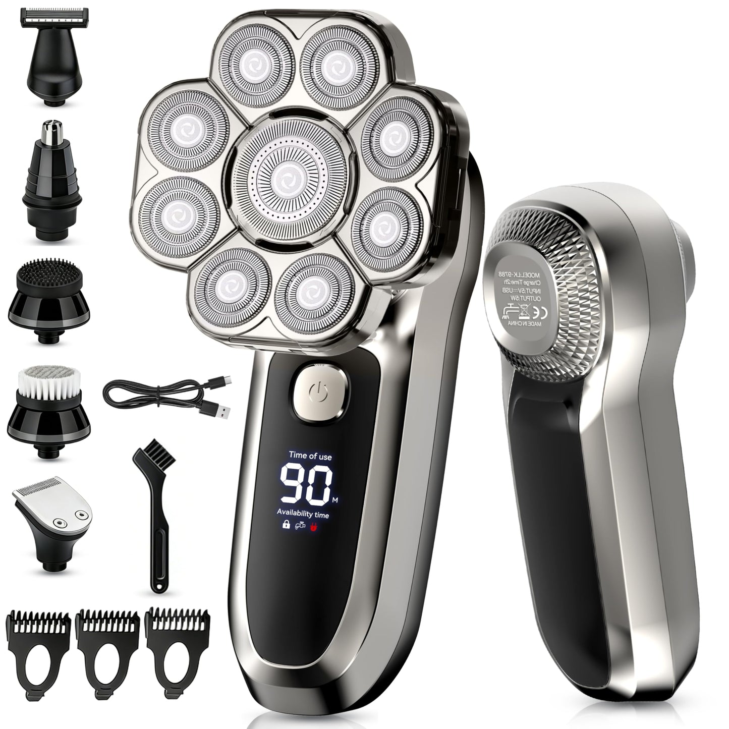 YINICARE® Head Shaver for Bald Men Electric Razor for Fast Shower Shaving with 9D Rotary Blades 6-in-1 Grooming Kit for Head Face Beard Nose Body Hair Trimmer Wet & Dry Cordless USB-C Charging