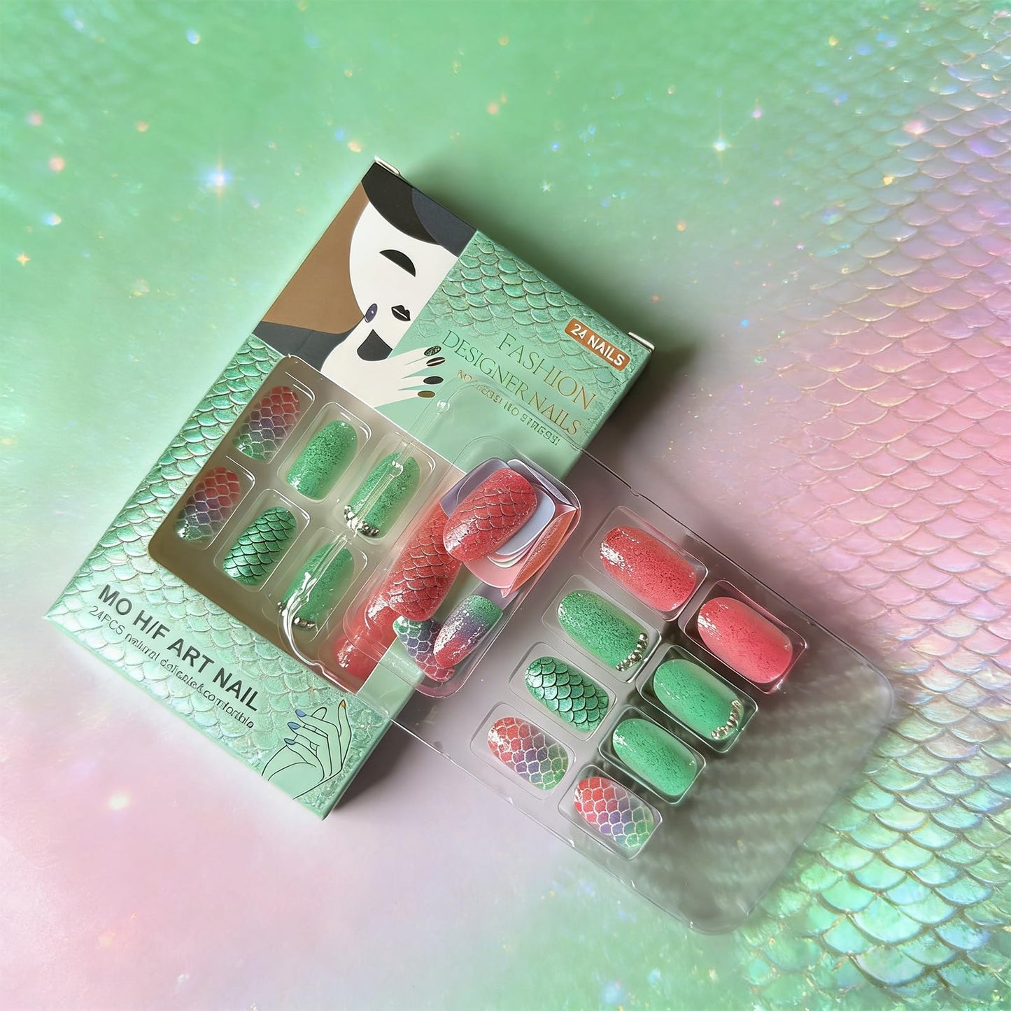 Mermaid Press on Nails Short Oval Fake Nails with Gradient Glitter Rhinestone Designs Ocean Press on False Nails Colorful Acrylic Nail Full Cover Artificial Stick on Nail for Women 24Pcs