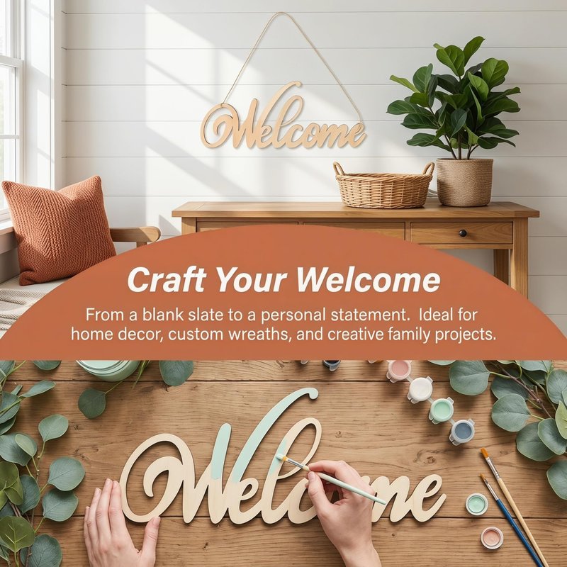 Didiseaon 4Pcs Unfinished Wood Cutout Welcome Sign Blank Wooden Word Letter Wreath Craft Supply Front Door Wall Art Hanging Plaque Home Room Decor DIY Paint Project Board Studio Artist Child 11 Inch