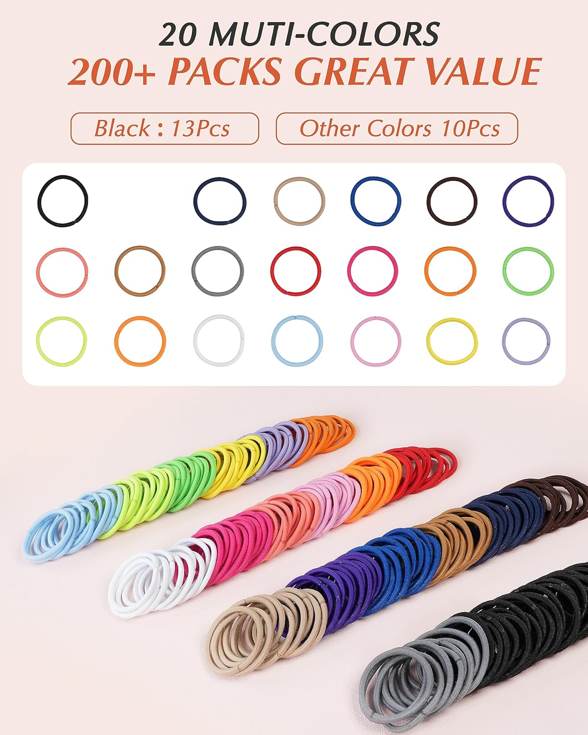Hair Ties for Women and Girls - 203 No Damage Elastic Ponytail Holders | Medium Size, 20 Vibrant Colors