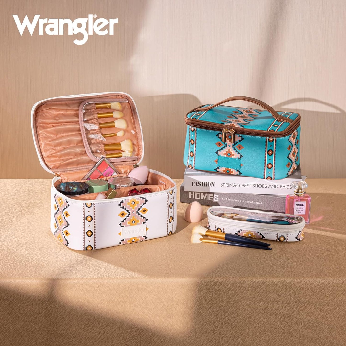 Travel Makeup Bag Set - Large Cosmetic Organizer with Brush Holder & Divider | Portable Toiletry Bag for Women - Aztec Design