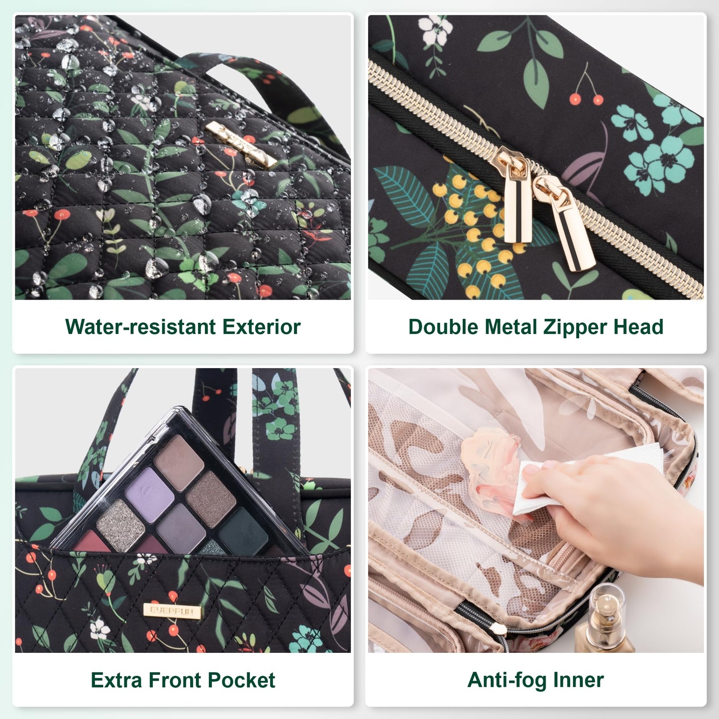 Everfun Travel Toiletry Bag with Hanging Hook and Leakproof Wet/Dry Compartments, Large Capacity Makeup Cosmetic Organizer for Women, 12x9x4.5 Inch, Black Leaves