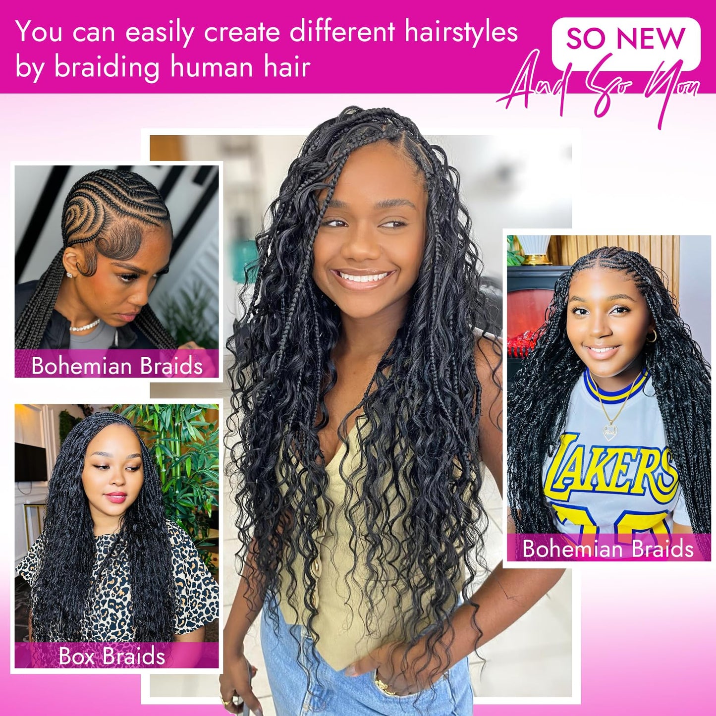 Human Braiding Hair for Boho Braids Deep Wave, Boho Human Hair for Braiding Curly, Human Hair Braiding Hair for Black Women, Natural Color, 16 Inch 50g-2 Bundles in One