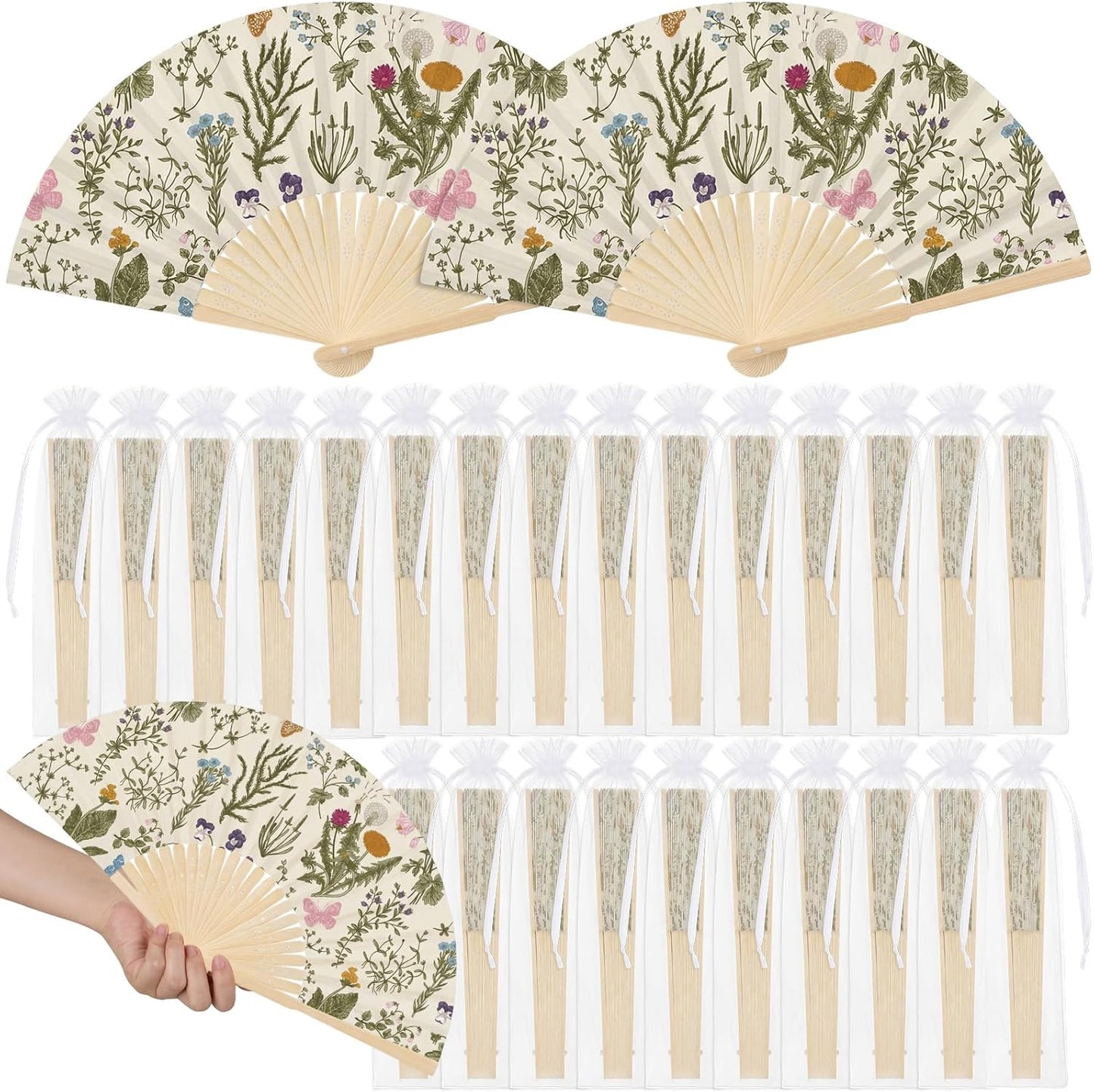 Wildflower Folding Hand Fan Set - 25 Vintage Paper Fans with Organza Bags | Perfect for Weddings & Tea Parties