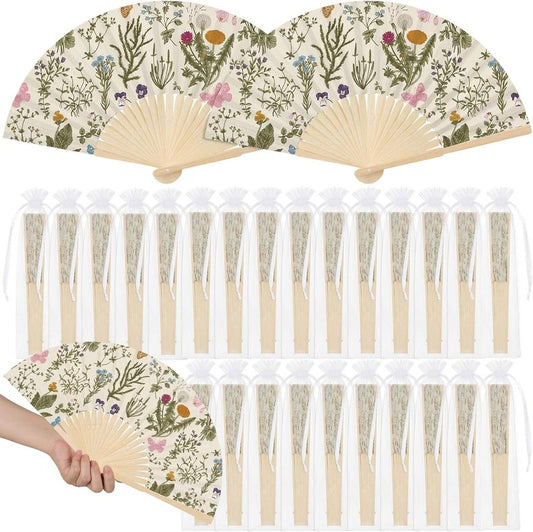 Wildflower Folding Hand Fan Set - 25 Vintage Paper Fans with Organza Bags | Perfect for Weddings & Tea Parties