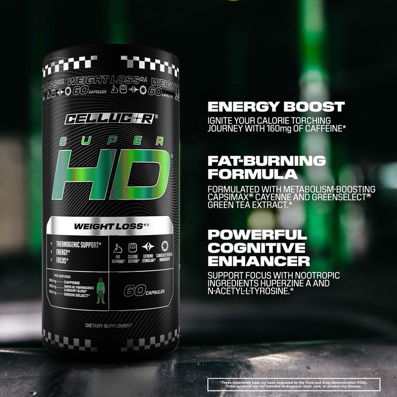 Cellucor SuperHD Thermogenic Fat Burner Weight Loss Supplement, Appetite Suppressant, & Energy Booster Capsimax, Green Tea Extract, 160mg Caffeine & More 60 Capsules (Packaging May Vary)