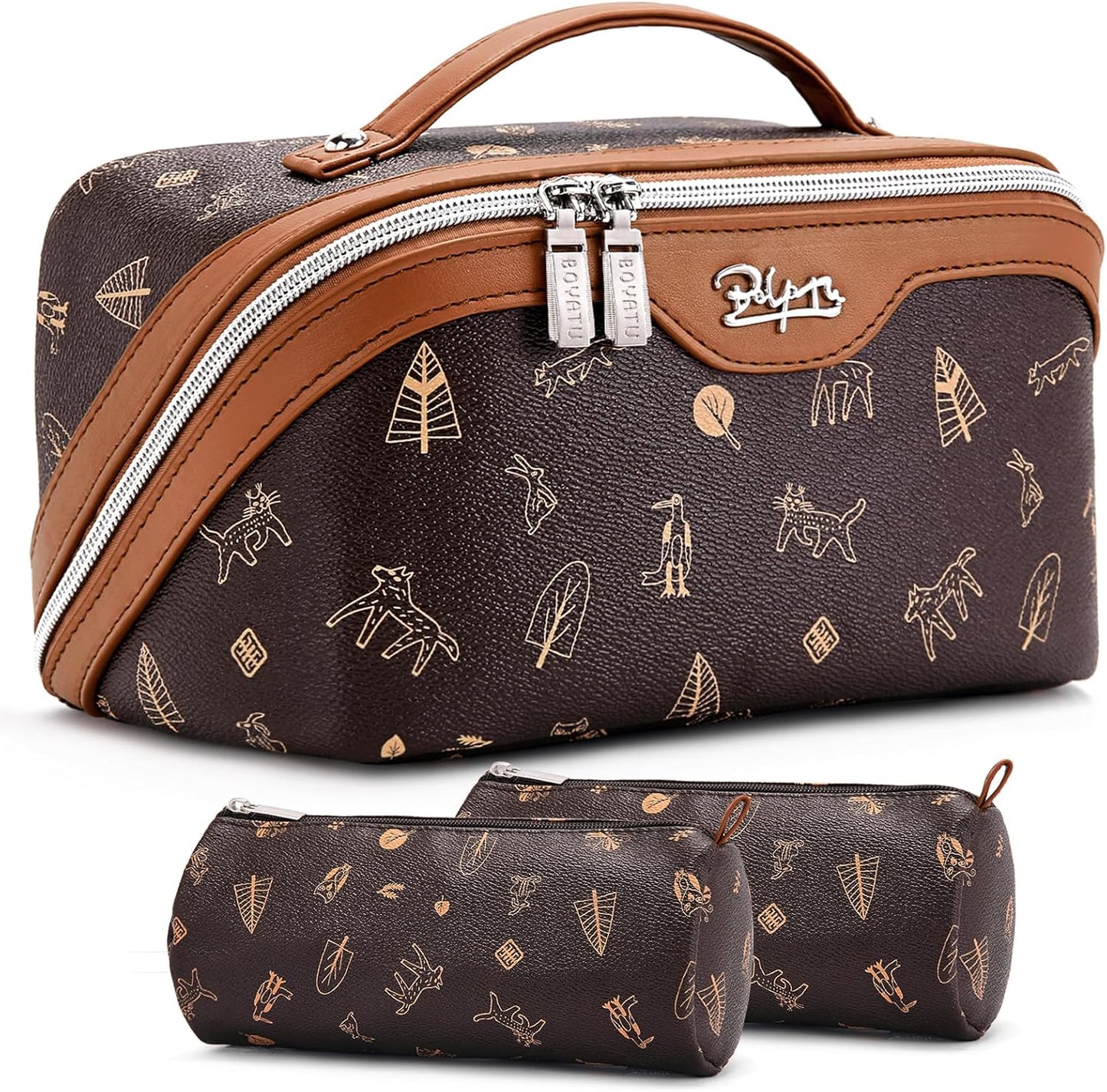 Travel Makeup Bag Set - Large Vegan Leather Cosmetic Organizer with Handle | 3 Pcs Portable Toiletry Bags in Coffee