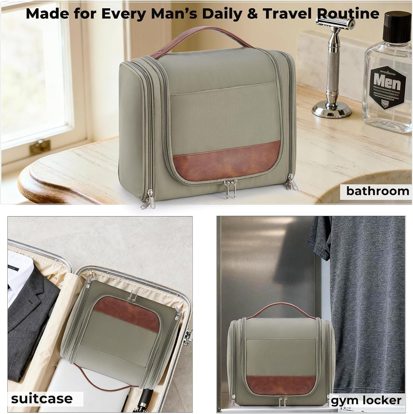 Large Hanging Toiletry Bag for Men - Travel Bathroom Organizer with Hook | Green Hygiene & Grooming Essentials