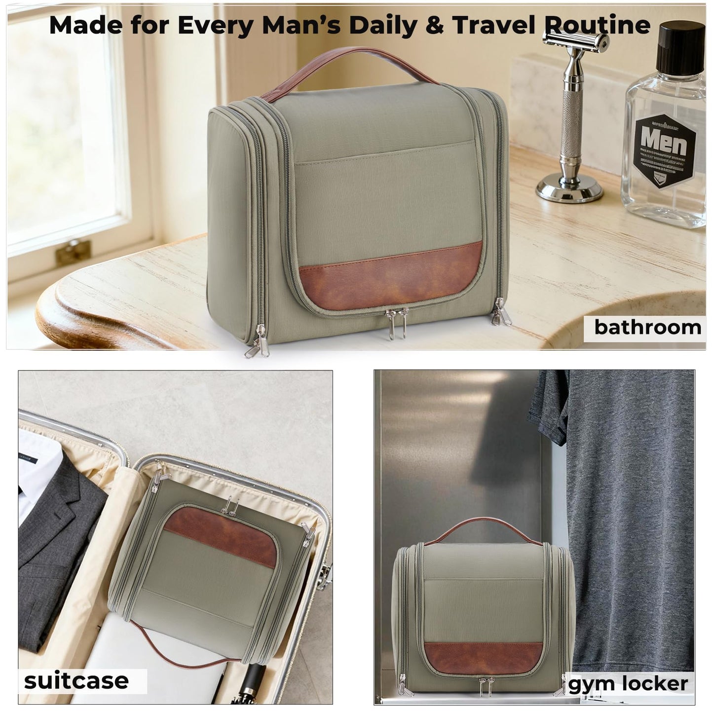 Ralnitote Large Hanging Toiletry Bag for Men, Travel Bathroom Bag with Hook, Hygiene Bag Organizer for Shower, Shaving & Grooming Essentials, Green