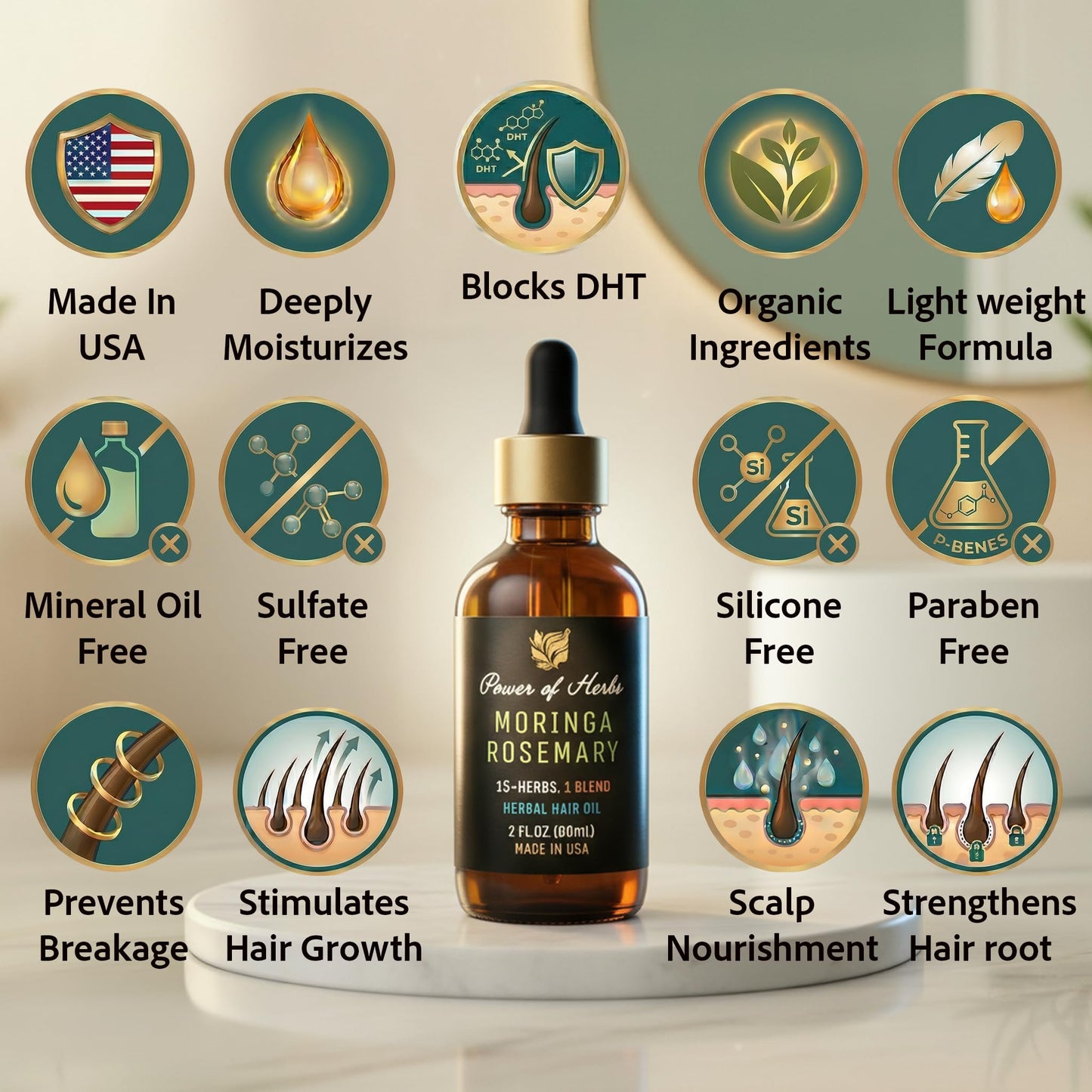 Moringa Rosemary Hair Oil with Amla, Bhringaraj, Pumpkin seed, Almond, Neem, Fenugreek, Infused with Biotin & Vitamin E, Reduces Hair Fall & Thinning, Supports Growth & Scalp Nourishment, Made in USA