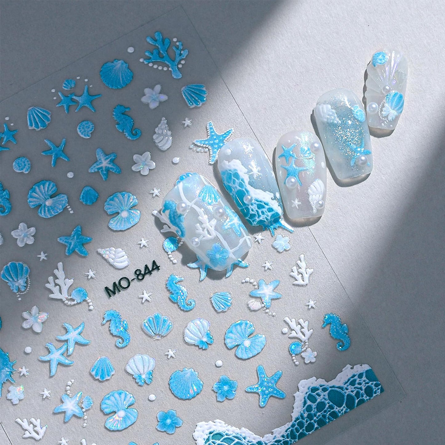 3 Sheets 5D Embossed Ocean Nail Stickers Pink Blue White Shell Starfish Waves Self Adhesive Nail Decals Summer Beach Nail Art Stickers Marine Life Nail Supplies for Women Manicure Decorations