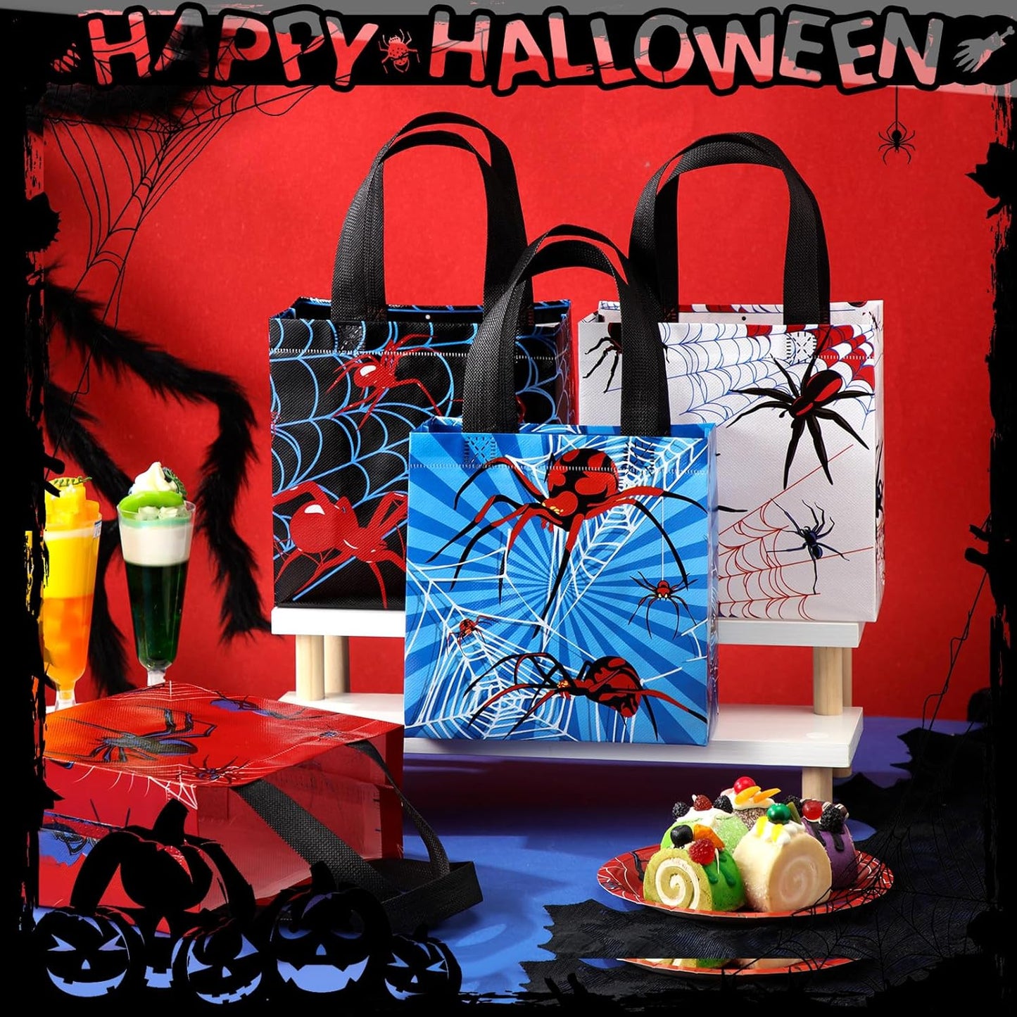 Spider Party Favor Goodie Bags - 40 Pcs Reusable Non-Woven Bags for Halloween & Birthday | 7.87 x 7.87 x 3.54 Inches