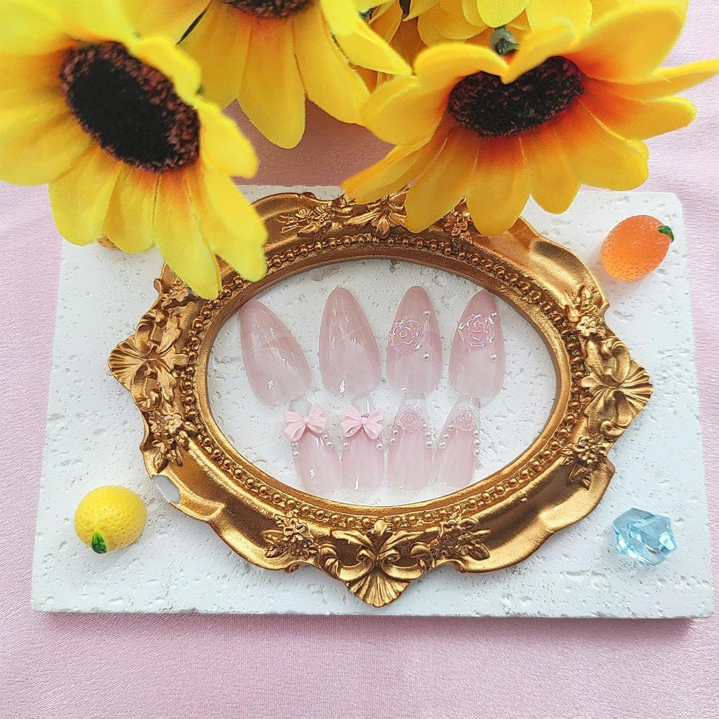 French Tip Press-On Nails - Medium Almond Shape with 3D Bow & Pearl Charms | 24 Pcs Spring Design