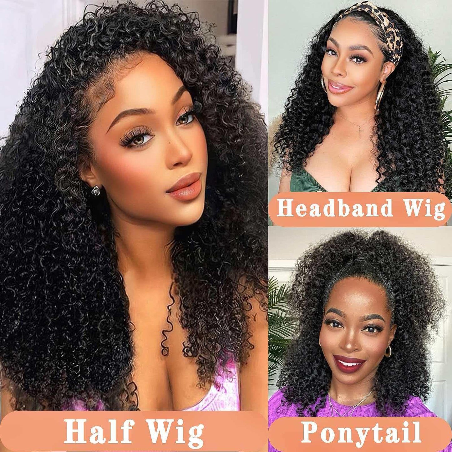 Maytune Half Wig Human Hair Deep Wave 24 Inch 200% Density Curly Half Wig 3 In 1 Drawstring Seamless Flip Over Headband Half Wigs for Black Women Human Hair Beginner Friendly
