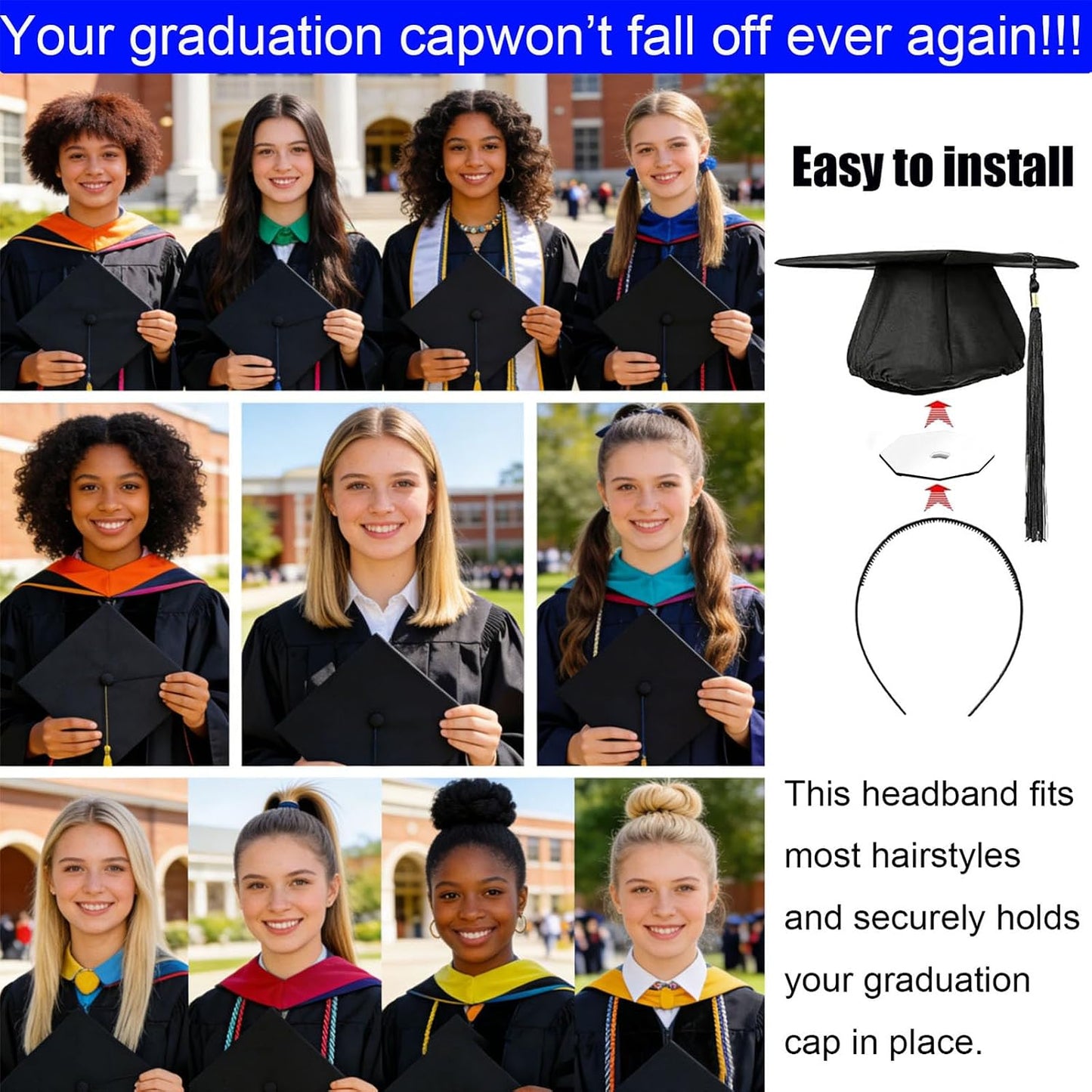 Graduation Cap Headband Insert - Anti-Slip Fastener for Curly Hair | Hair Accessories for Women