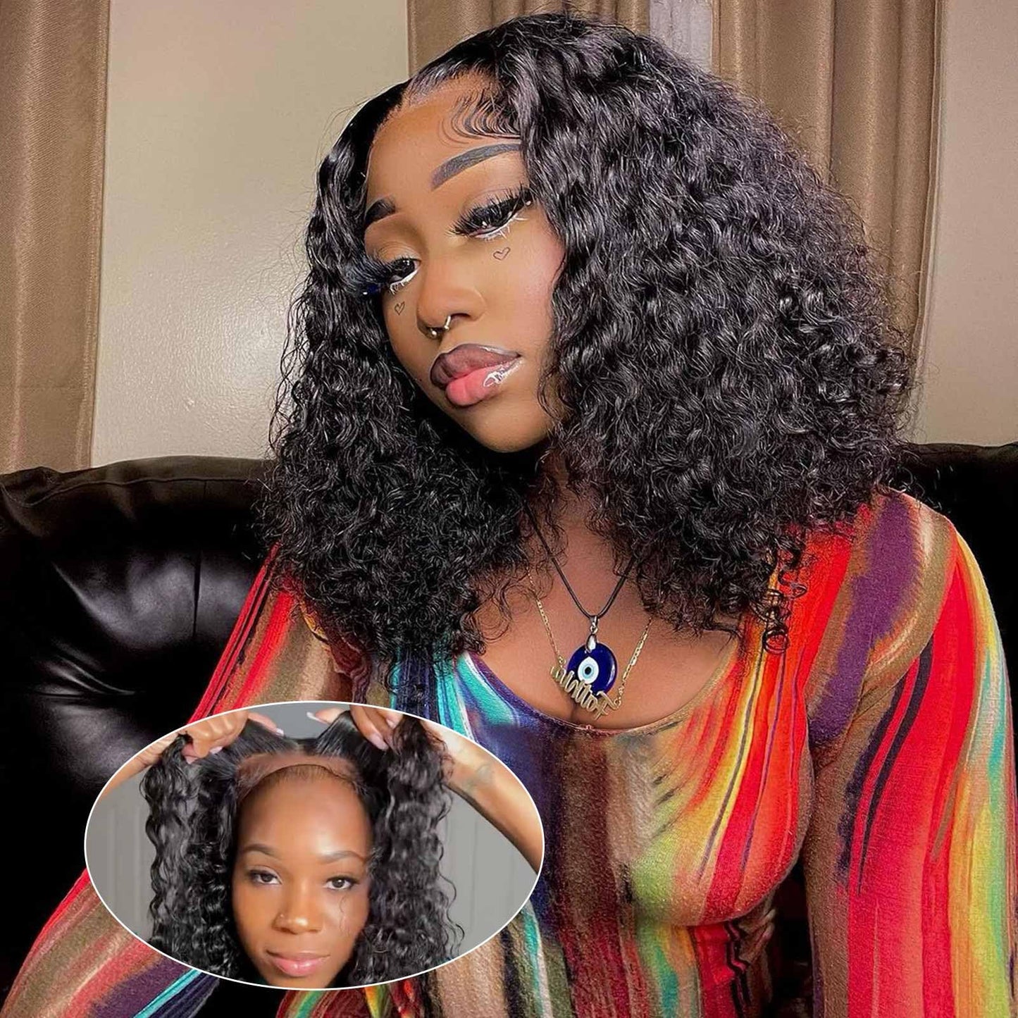 omswet Curly BOB Wig Human Hair 200 Density 5x5 HD Lace Closure Deep Wave Wigs for Black Women Glueless Wear and Go Pre Plucked Deep Wave Wet and Wavy Glueless Wigs Human Hair Natural Black 14 Inch