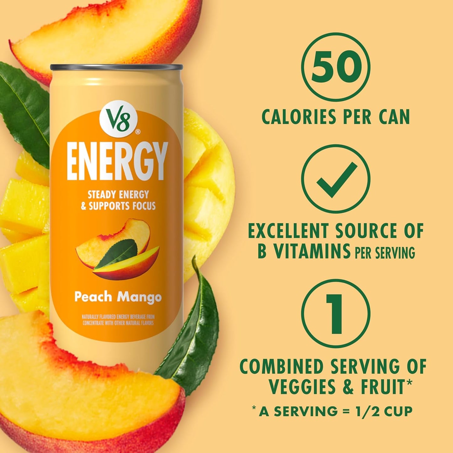 V8 Energy Peach Mango Energy Drink - 8 Fl Oz Can | 24 Pack of Refreshing Energy Boost