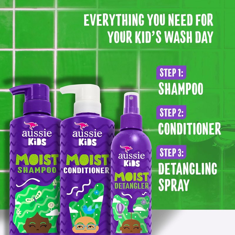 Aussie Kids Hair Care Bundle - Shampoo, Conditioner & Detangler Spray | Paraben-Free, Sulfate-Free, 16 Fl Oz & 8 Fl Oz