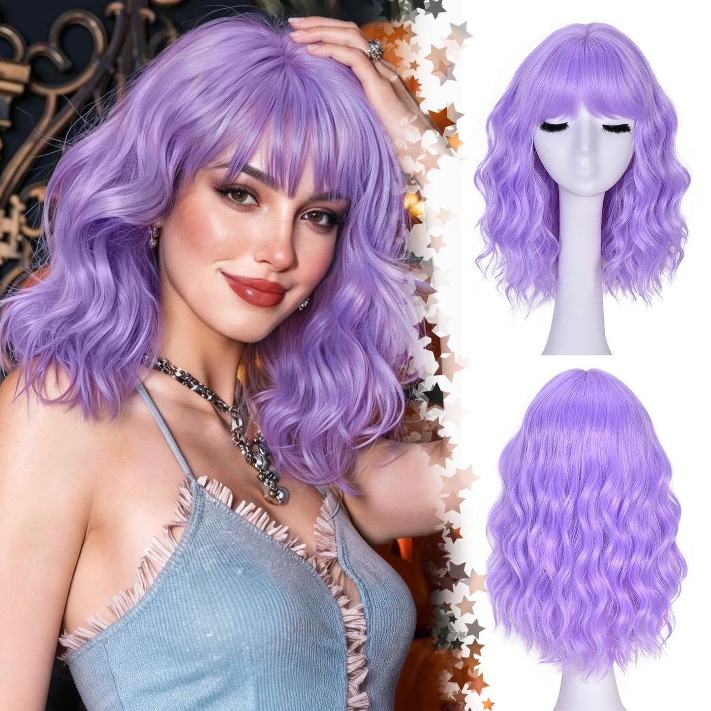 Short Wavy Wig with Bangs - Natural Curly Synthetic Hair for Women | 14-Inch Brown with Blonde Highlights