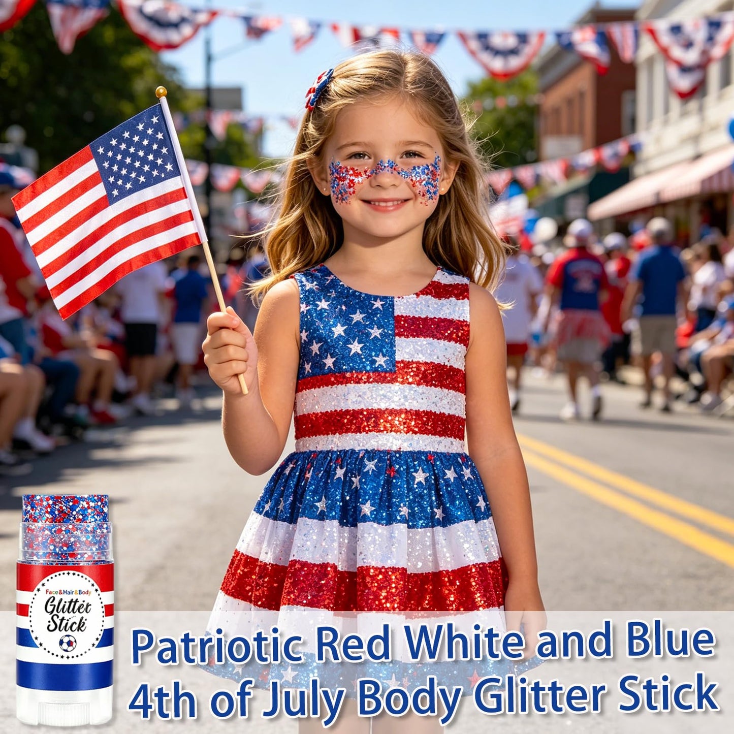 Patriotic 4th of July Glitter Stick,Sparkle Red White and Blue Face Hair Body Glitter,4th of July Outfits & Accessories for Women Kids,Waterproof Glitter Makeup for 250th Independence Day Anniversary