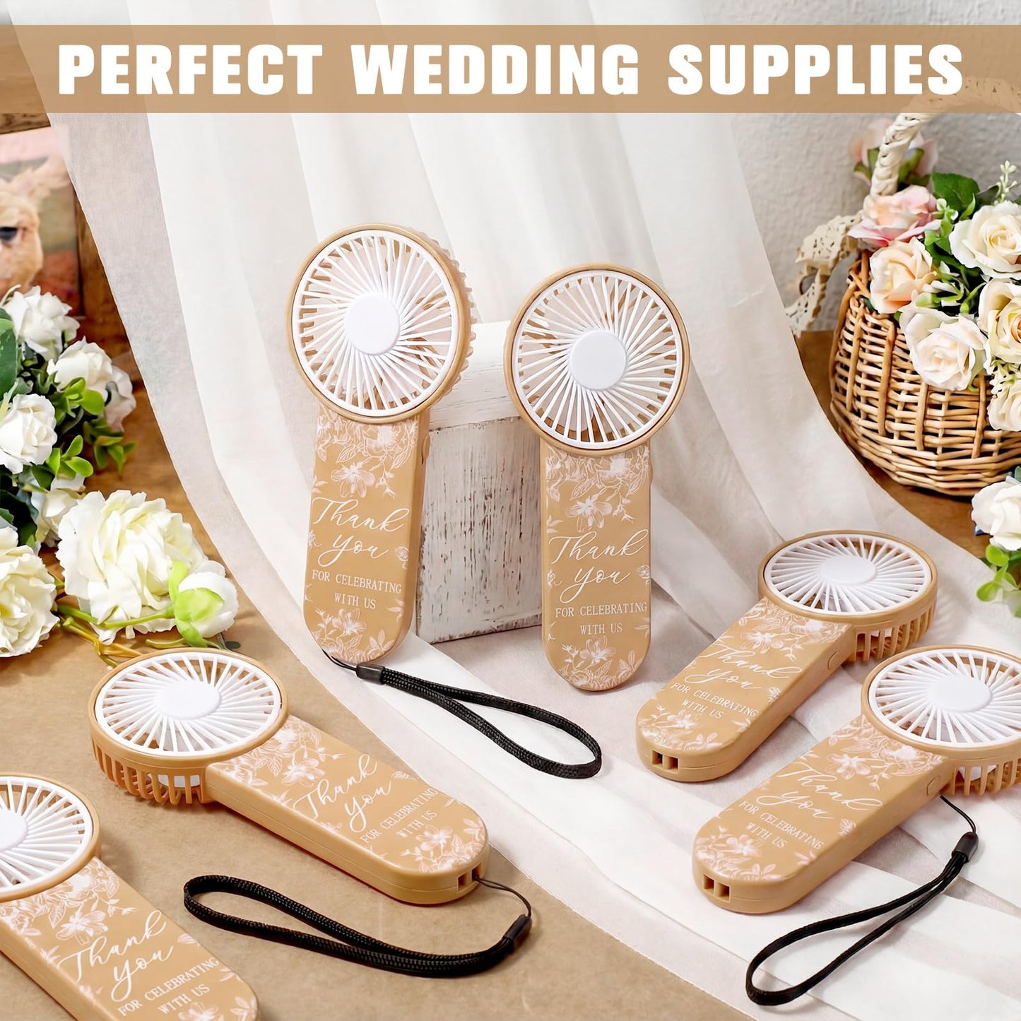 Tujoe 100 Pcs Wedding Handheld Fans for Guests Mini Personal Portable Fans Bulk Thank You for Celebrating with Us Fan for Wedding Bridal Shower Party Favors Summer Travel (Beige Botanical Lace)