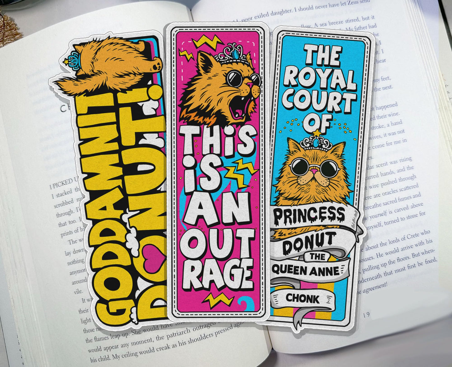 BootsTees Princess Donut Bookmarks, Dungeon Crawler Carl Book-mark Set of 3 Page Markers with DCC Quotes and Graphic Artwork (No Tassels)