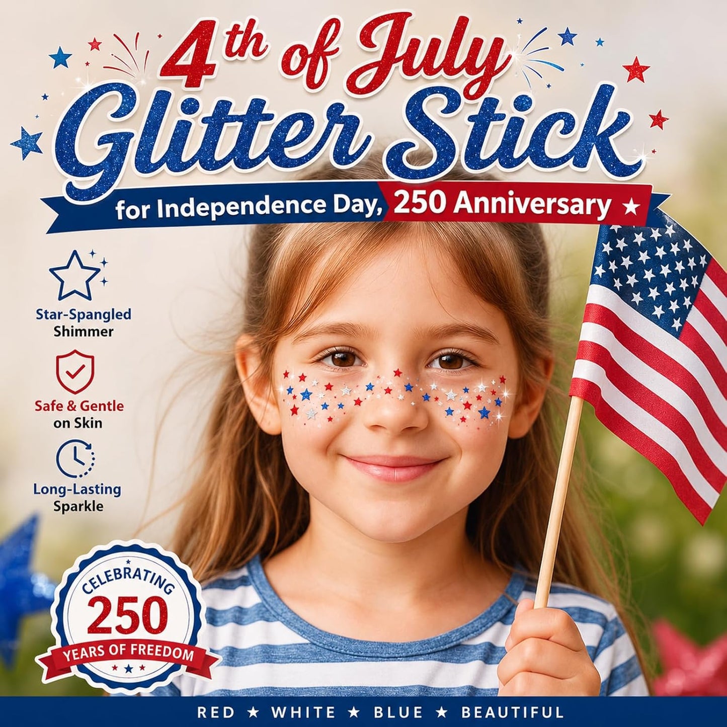 Patriotic 4th of July Glitter Stick - Sparkling Red, White & Blue Face & Body Glitter for Independence Day Celebrations | Perfect for Women & Kids
