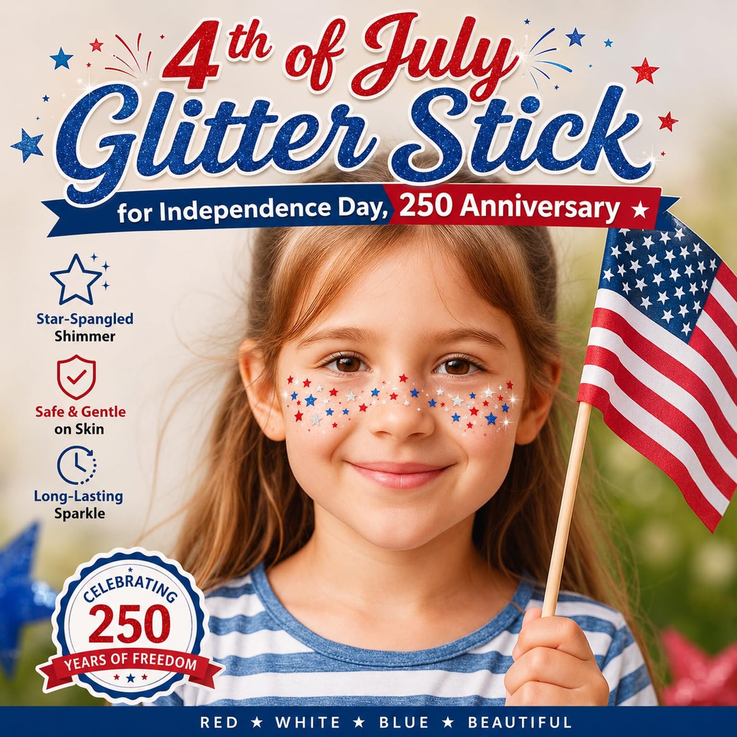 Patriotic 4th of July Glitter Stick, Sparkle Red White and Blue Face Hair Body Glitter Independence Day 250 Anniversary Party, USA Flag 4th of July Outfits and Accessories for Women Kids, Memorial Day