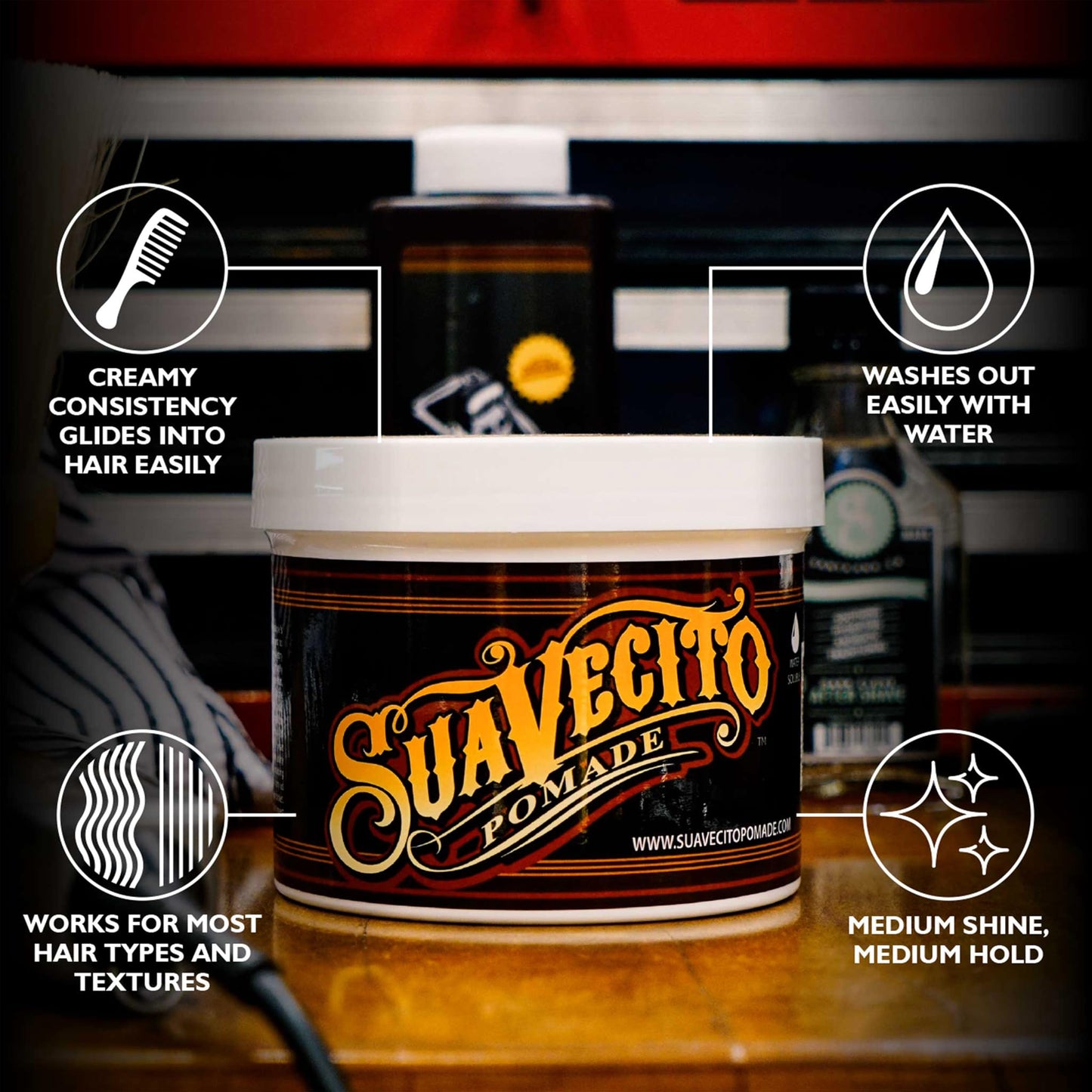 Suavecito Original Hold Pomade 32 oz, 1 Pack - Medium Hold Hair Pomade For Men - Medium Shine Water Based Wax Like Flake Free Hair Gel - Easy To Wash Out - All Day Hold For All Hairstyles