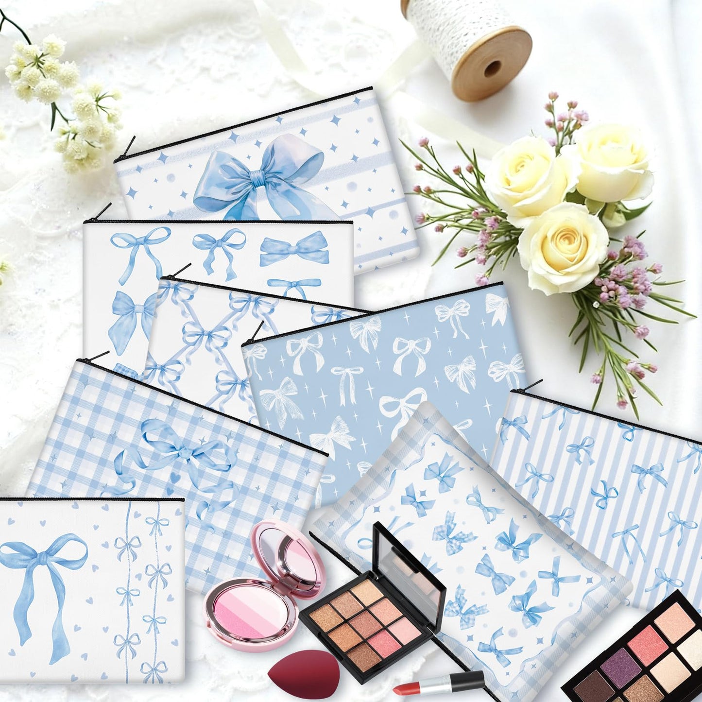 KOPOOEOE 30 Pcs Blue Bow Makeup Bags Coquette Cosmetic Zipper Pouches with Elegant Blue Bow Makeup Bag Bulk Canvas Cosmetic Travel Toiletry Pouch for Women Bridesmaids Wedding Favors