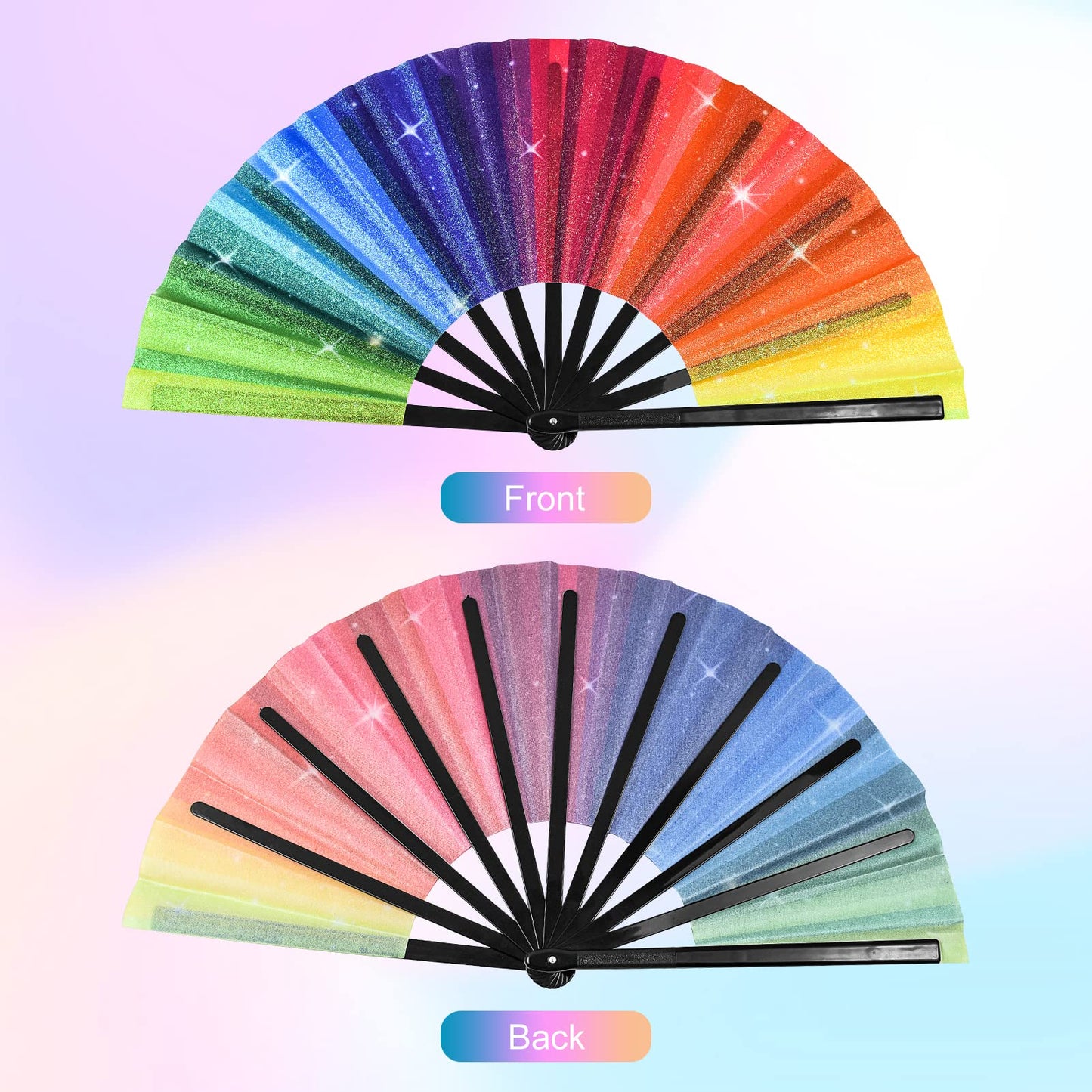 Large Rainbow Hand Fan Rave Clack Folding Fan Handheld Holographic Glitter Festival Foldable Silk Fan with Fabric Case for Men Women Gift Line Dancing Performance Gay Pride Day Parade Party Cosplay