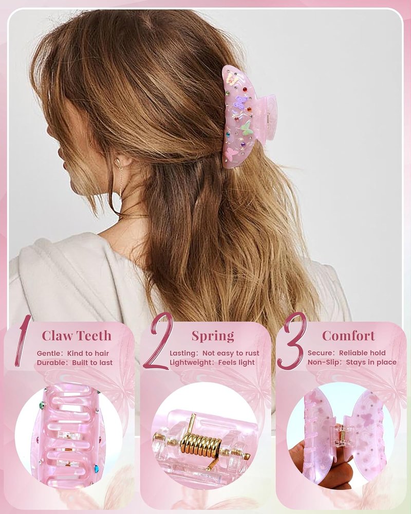 Bow Printed Hair Claw Clips - Non-Slip Medium Grip Clips with Colored Zircon | 3.74” Acrylic Jaw Clips (Pink, Gray, Skin Color)