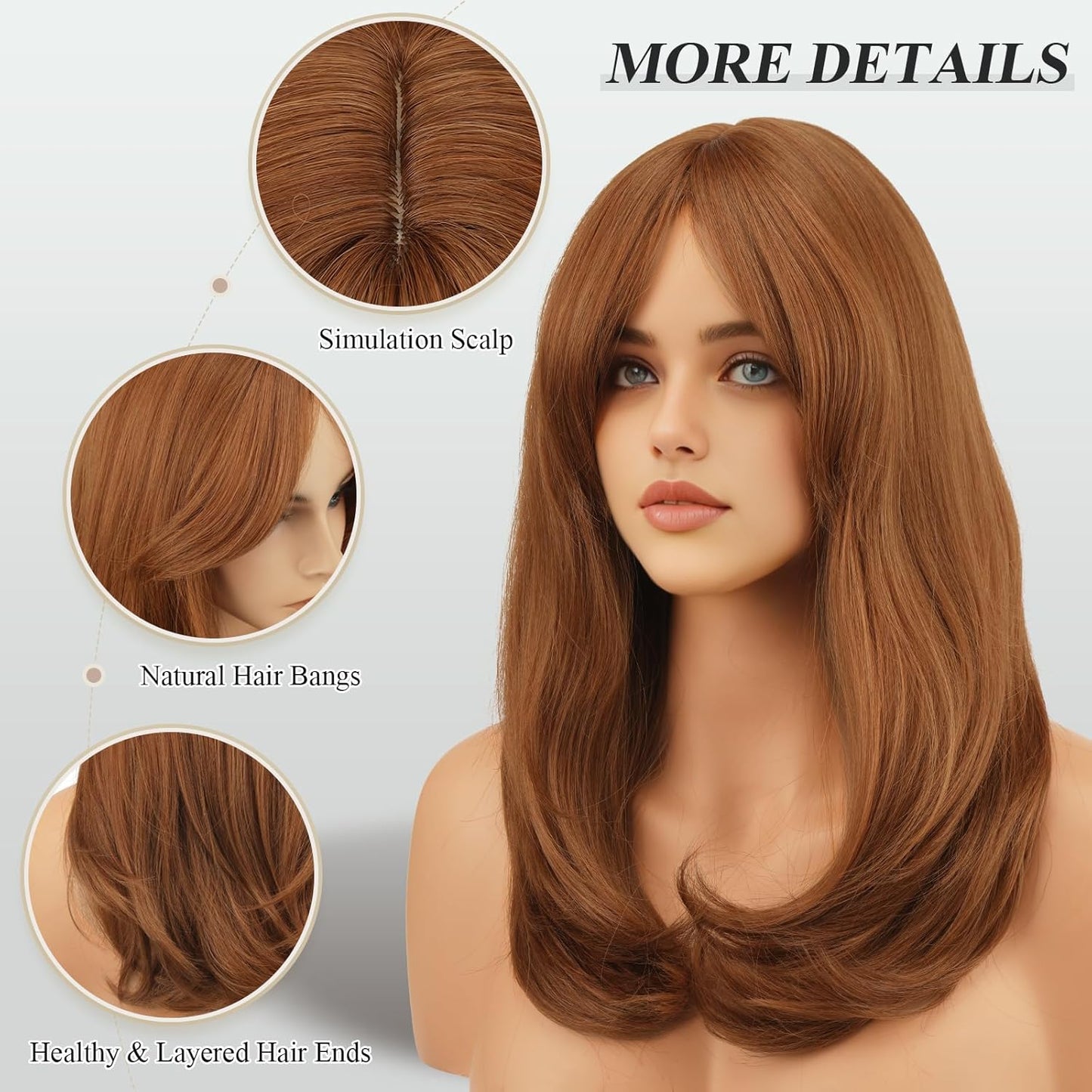 FESHFEN Auburn Wigs with Bangs for Women - 18" Long Layered Synthetic Hair for Daily & Party Wear