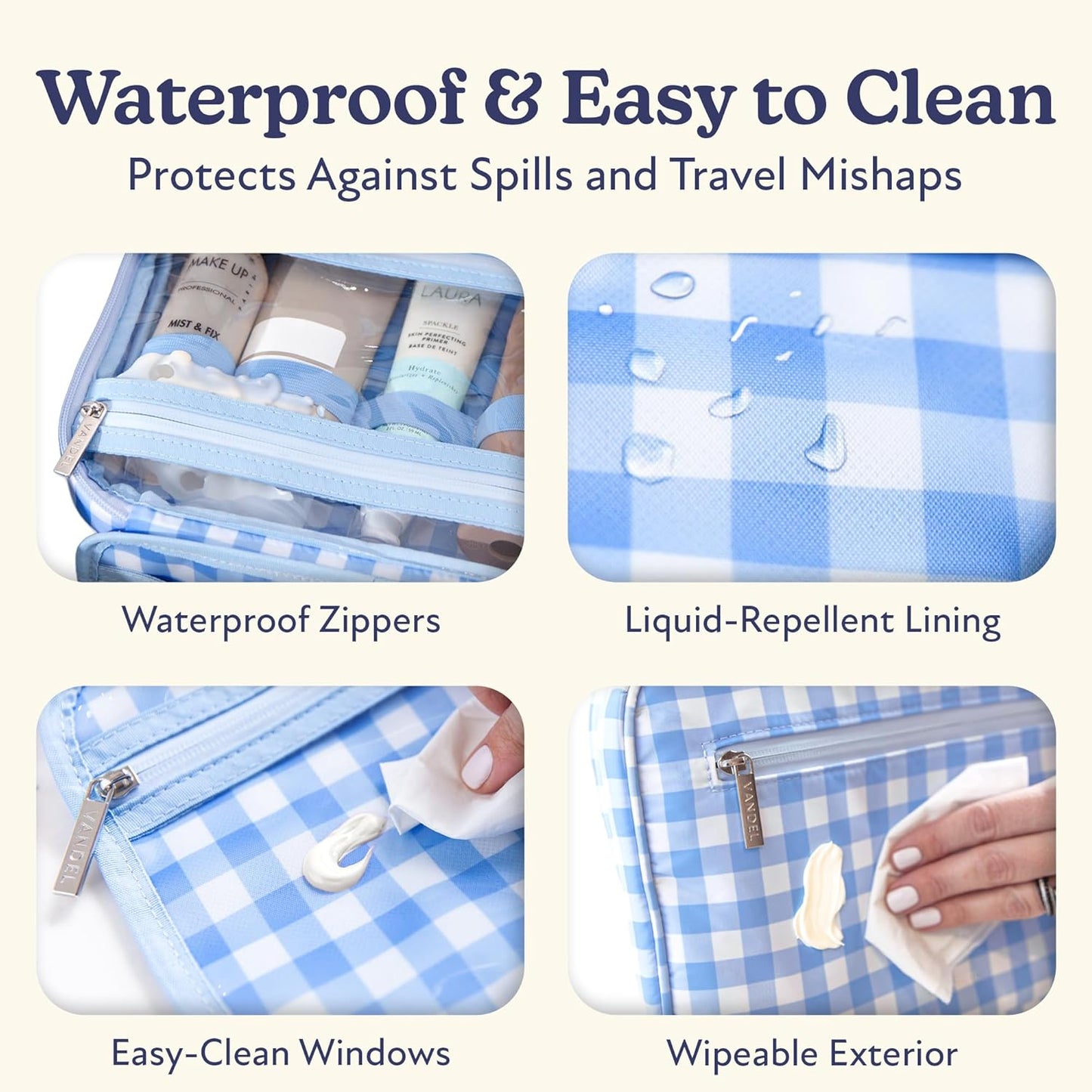 Waterproof Hanging Toiletry Bag - TSA-Approved Makeup Organizer | Blue Gingham Travel Cosmetic Case