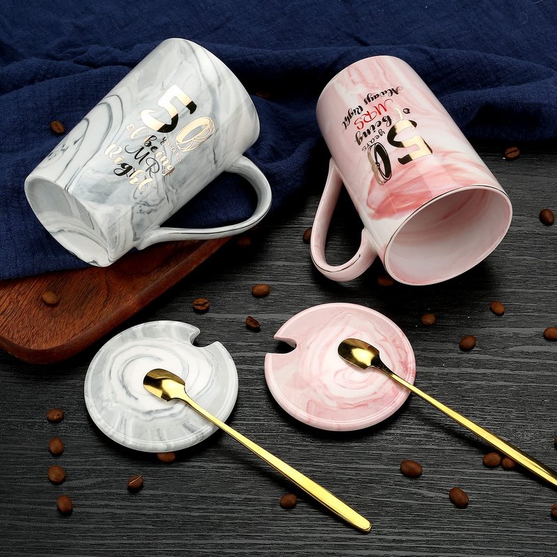 Sovyime 50 Years of Being Mr Right and Mrs Always Right Wedding Marriage Anniversary Cup for Couple Ceramic Marble Coffee Mugs - 14 Oz (50th Anniversary)