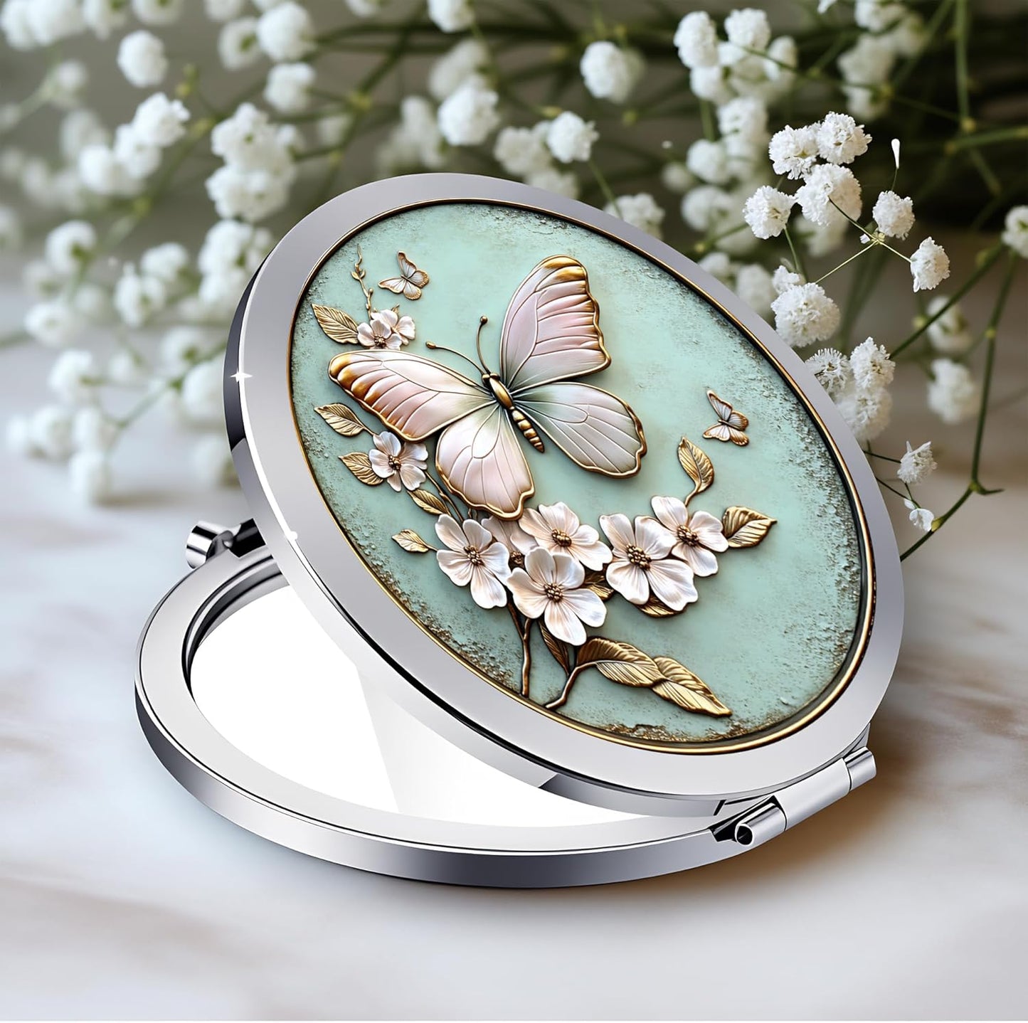 Compact Double-Sided Makeup Mirror - Silver Folding Design with Blue Lotus Moon | 2.8x2.8 Inch Gift for Women