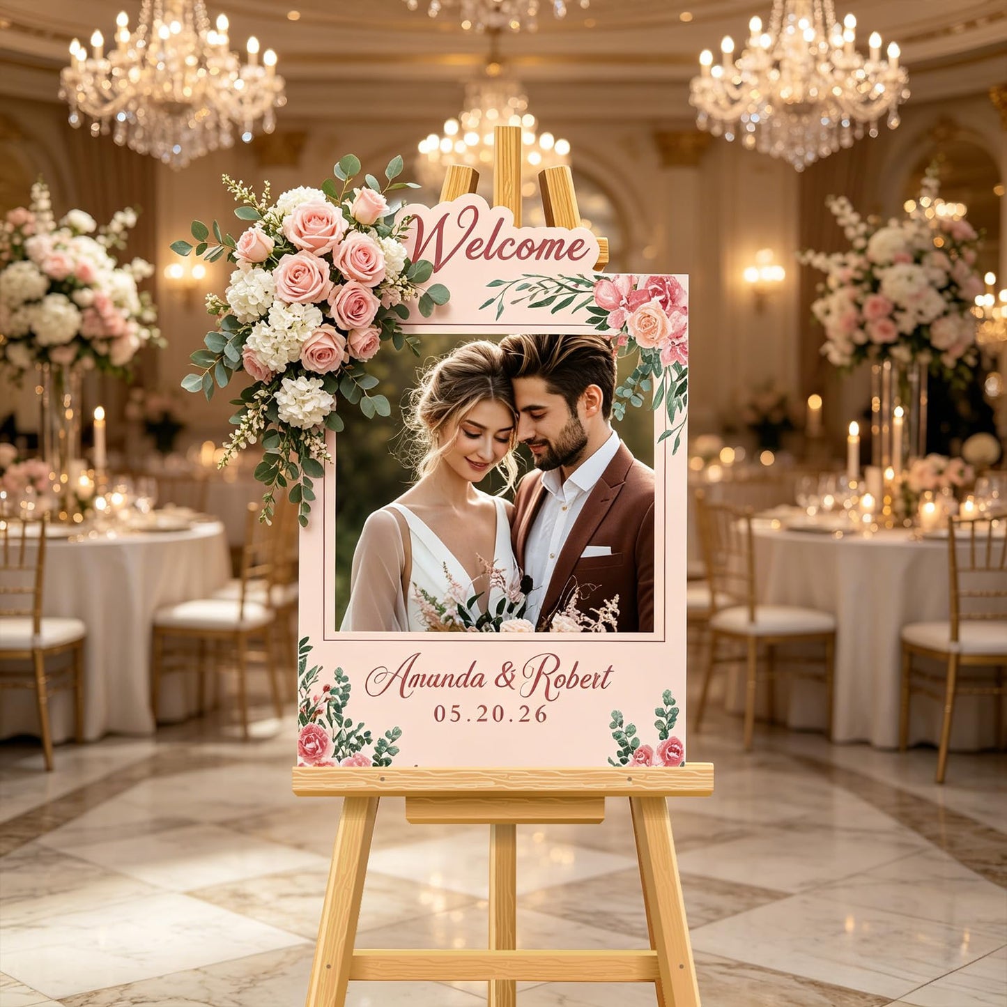 Byxhuc Custom Wedding Sign, Personalized Floral Wedding Welcome Sign with Couple Photo Names Date, Customized KT Board Welcome Sign for Ceremony Reception Bridal Engagement Party