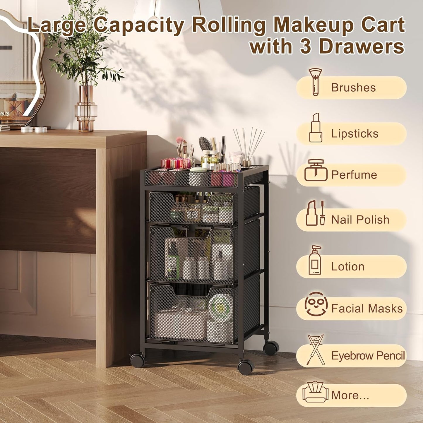 Rolling Makeup Cart Organizer - 3 Drawer Cosmetics Storage with Wheels | Versatile Vanity Organizer for Skincare & Beauty Tools - Black