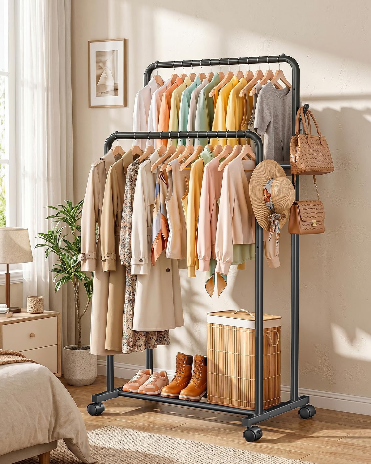 Delamu Clothes Rack Double Rods Clothing Racks for Hanging Clothes with Rolling Wheels, Metal Garment Rack with Hooks, Portable Wardrobe Rack Coat Rack with Shelfs for Bedroom, Laundry Room, Black