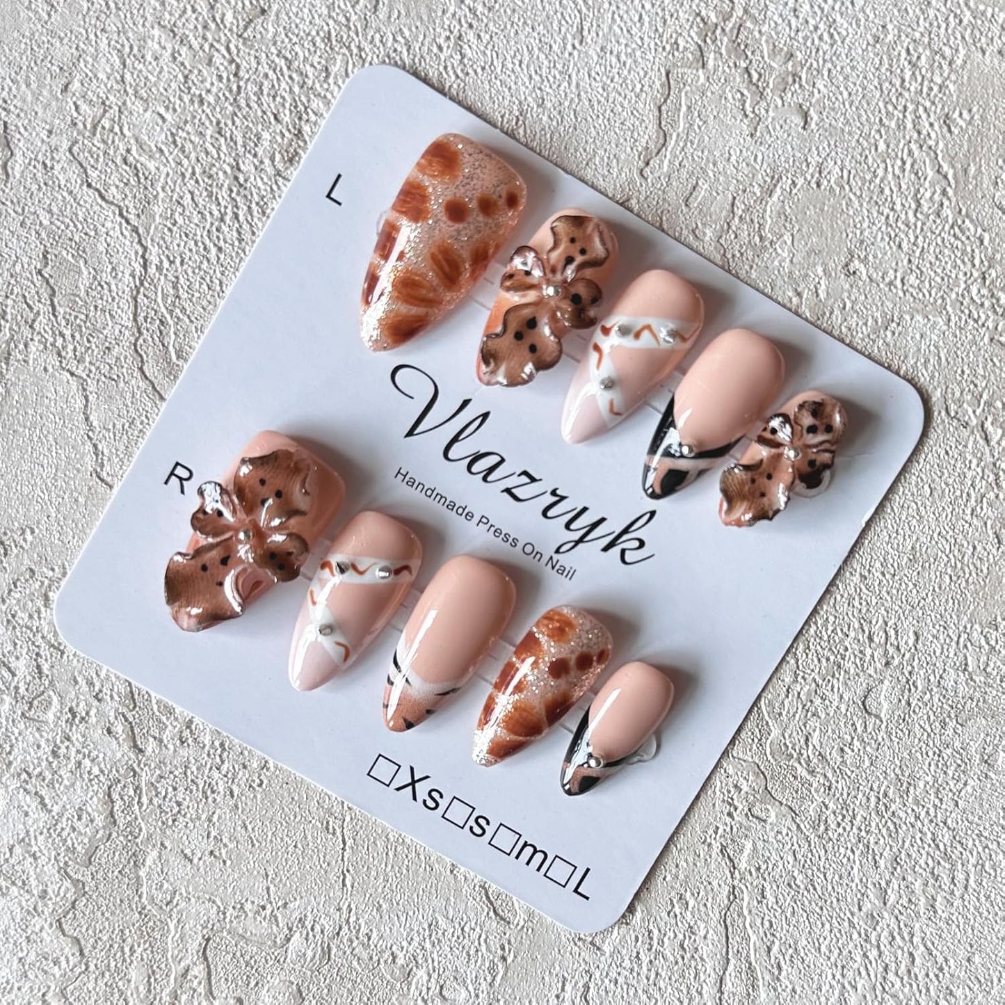 Brown French Tip Press On Nails - 3D Metallic Rhinestones | Medium Almond Reusable Acrylic False Nails (10 PCS)