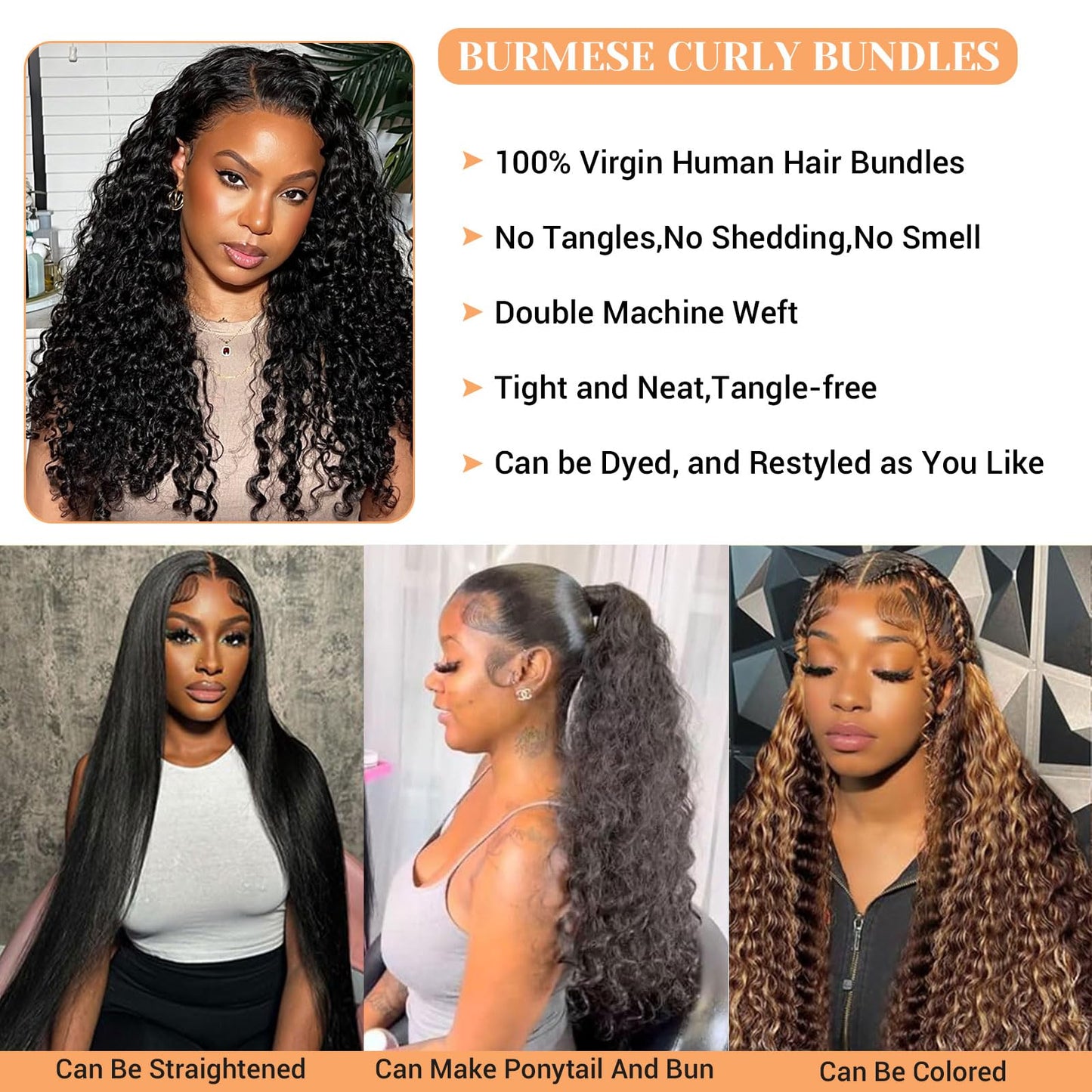 14A Burmese Curly Human Hair Bundles 20 22 24 Inch 100% Unprocessed Brazilian Virgin Hair Quick Weave Bundles Human Hair Extensions Real Human Hair, Natural Black