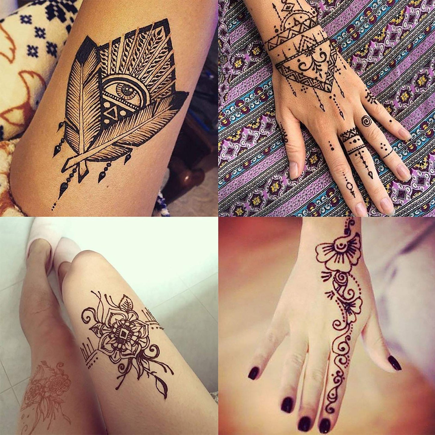 Temporary Tattoos Kit, 6Pcs Semi Permanent Tattoo Paste Cones, India Body DIY Art Painting for Women Men Teens,Summer Trend Freehand Plaste with 3 Colors,20Pcs Adhesive Stencil,1Pc Bottle,4Pcs Nozzles