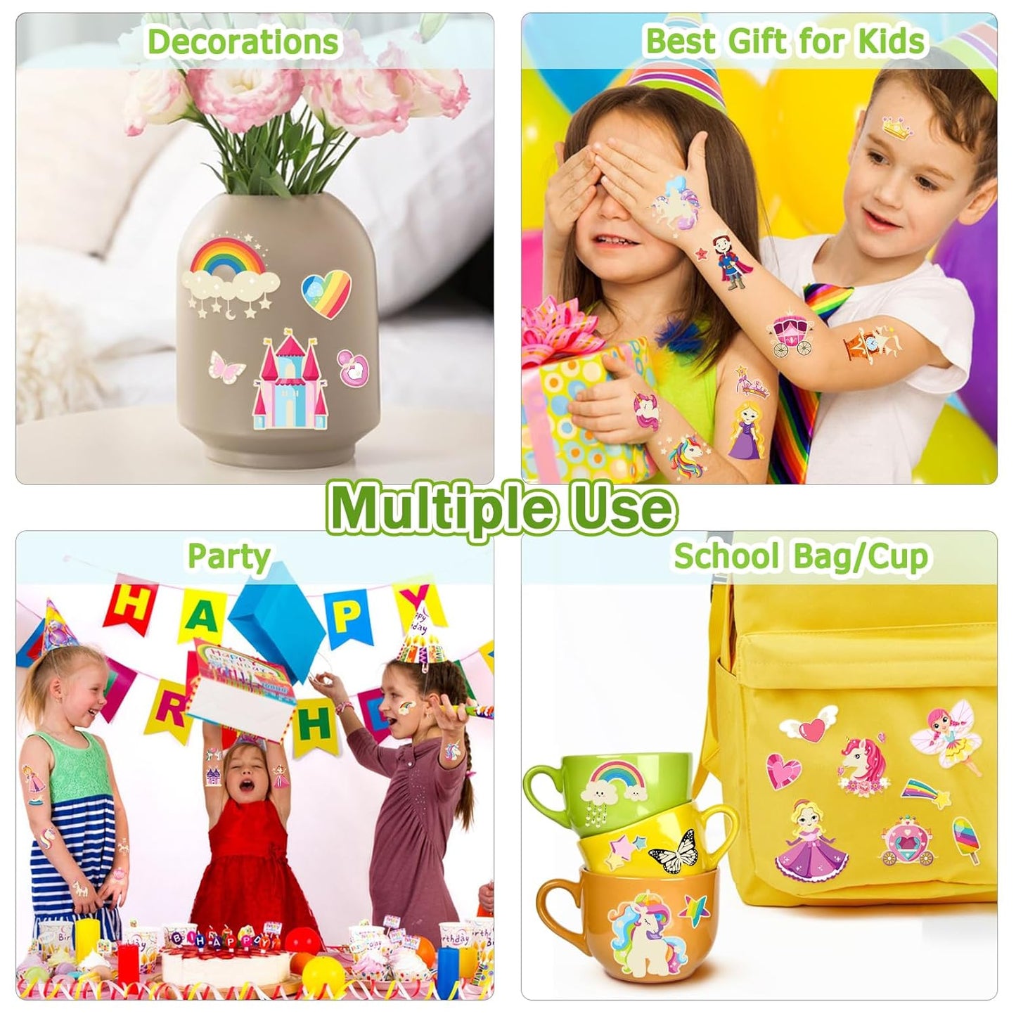 Glow Unicorn Princess Temporary Tattoos - 252+ PCS Luminous Stickers for Kids | Rainbow Castle & Fairy Theme Party Favors