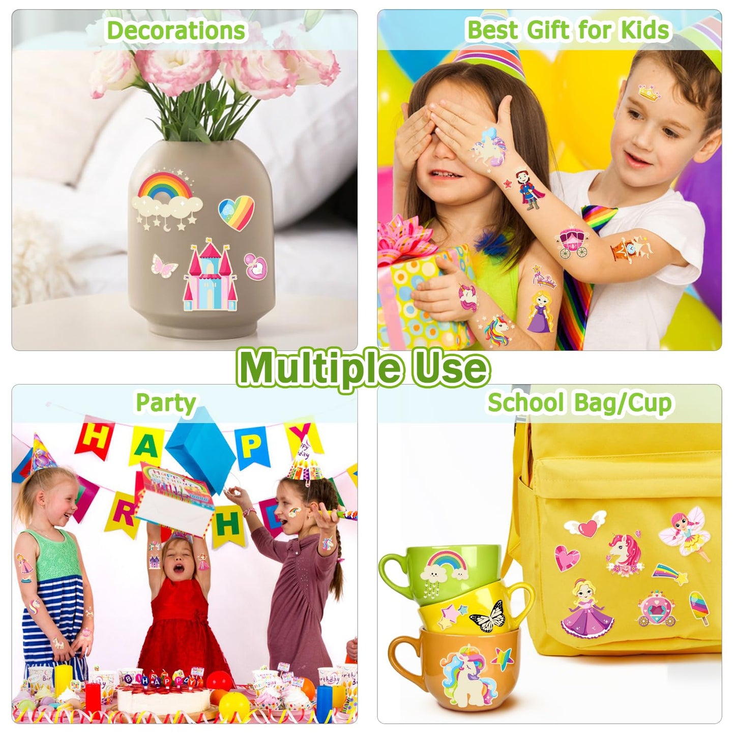 252+ PCS Glow Unicorn Princess Temporary Tattoo for Kids, 36 Sheets Rainbow Castle Candy Star Prince Fake Tattoos Sticker for Girls Boys, Luminous Birthday Magic Fairy Theme Party Favors Decoration