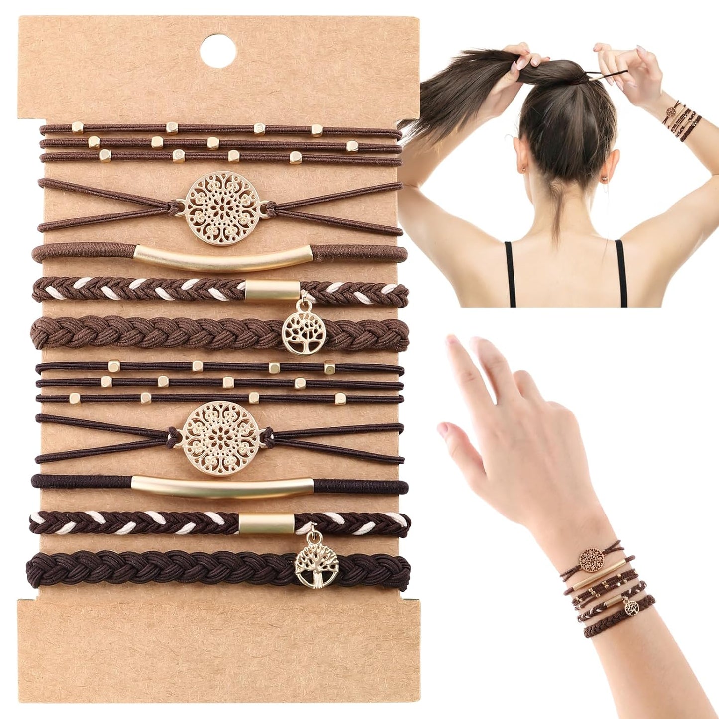 10PCS Hair Ties Bracelet Set - Soft Braided Boho Elastic Hair Bands for Women | Beige & Light Coffee