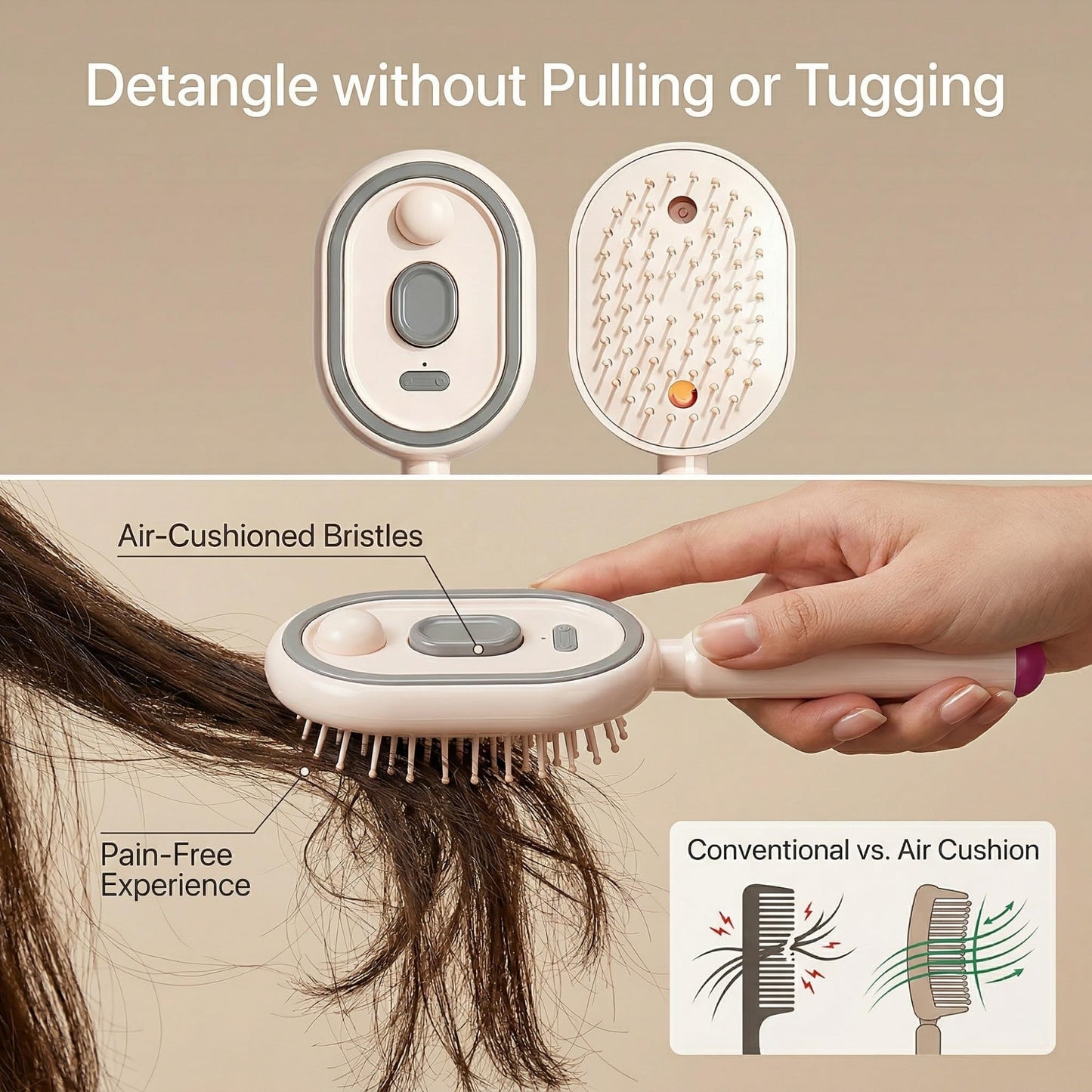 Electric Steam Brush for Hair, Rechargeable Mist Hair Brush with Detangling Air Cushion Comb for Women, Portable Anti-Static Smoothing Brush for Dry, Frizzy & Tangled Hair