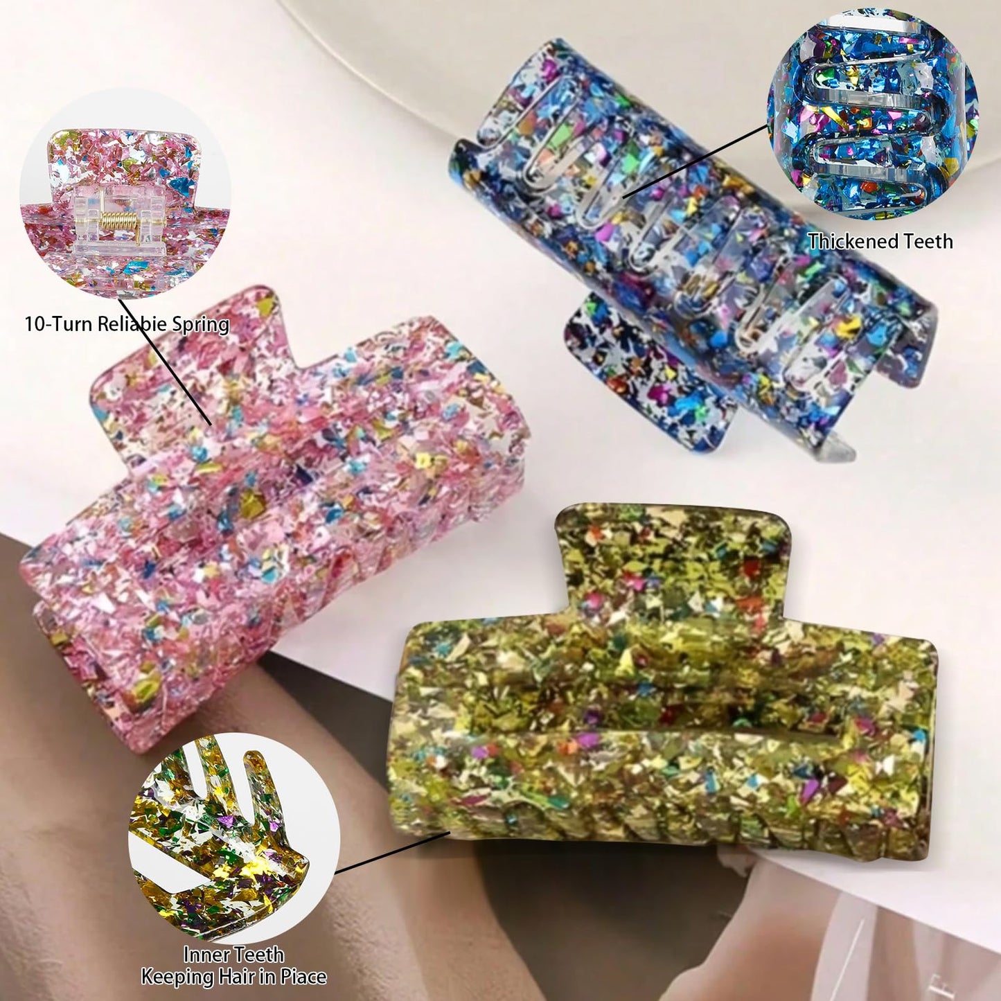 3PCS Glitter Hair Claw Clips for Women, Strong Hold Hair Clips for Thick Hair Non Slip Hair Barrette Jaw Clamps Tight Hair Clip for Women, 3.5 Inch