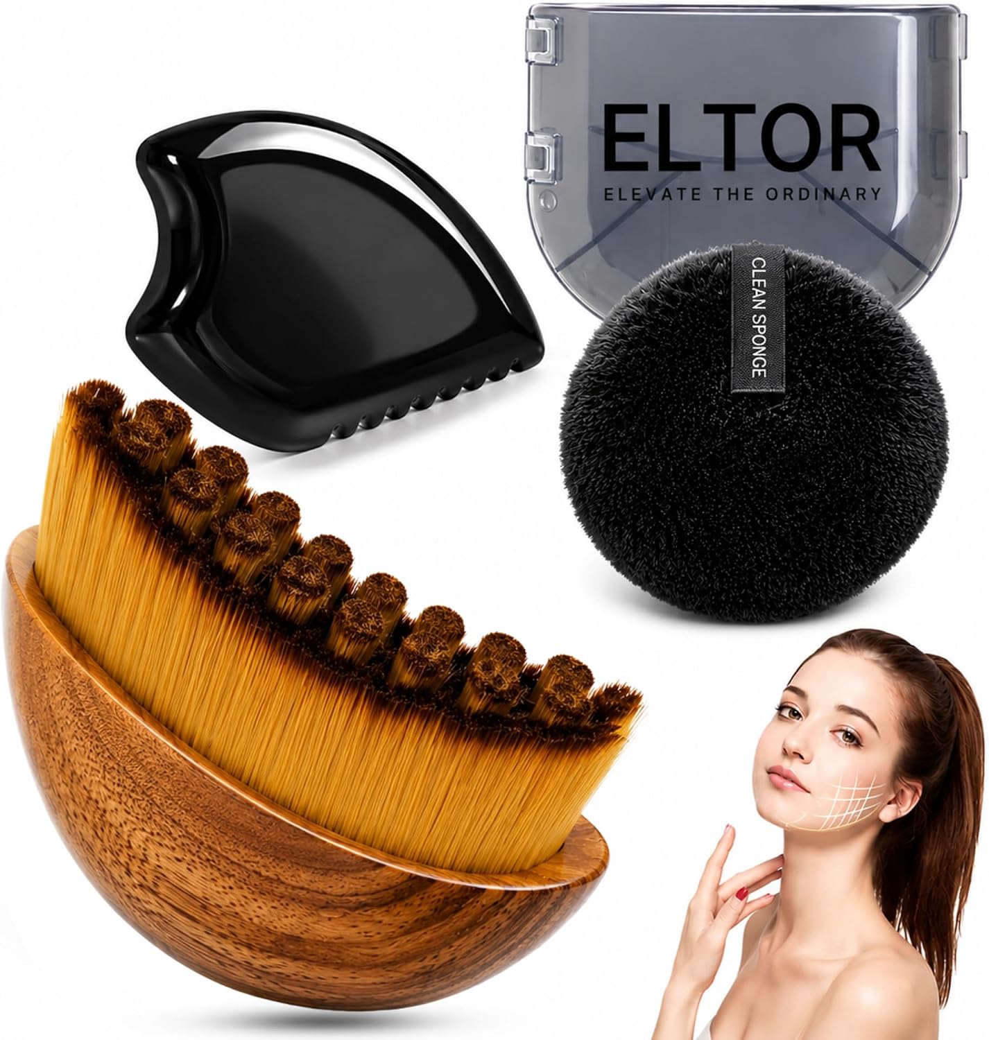 Lymphatic Contour Face Brush - Gua Sha Stone & Makeup Remover Pad | Anti-Puffiness & Jawline Sculpting Tool